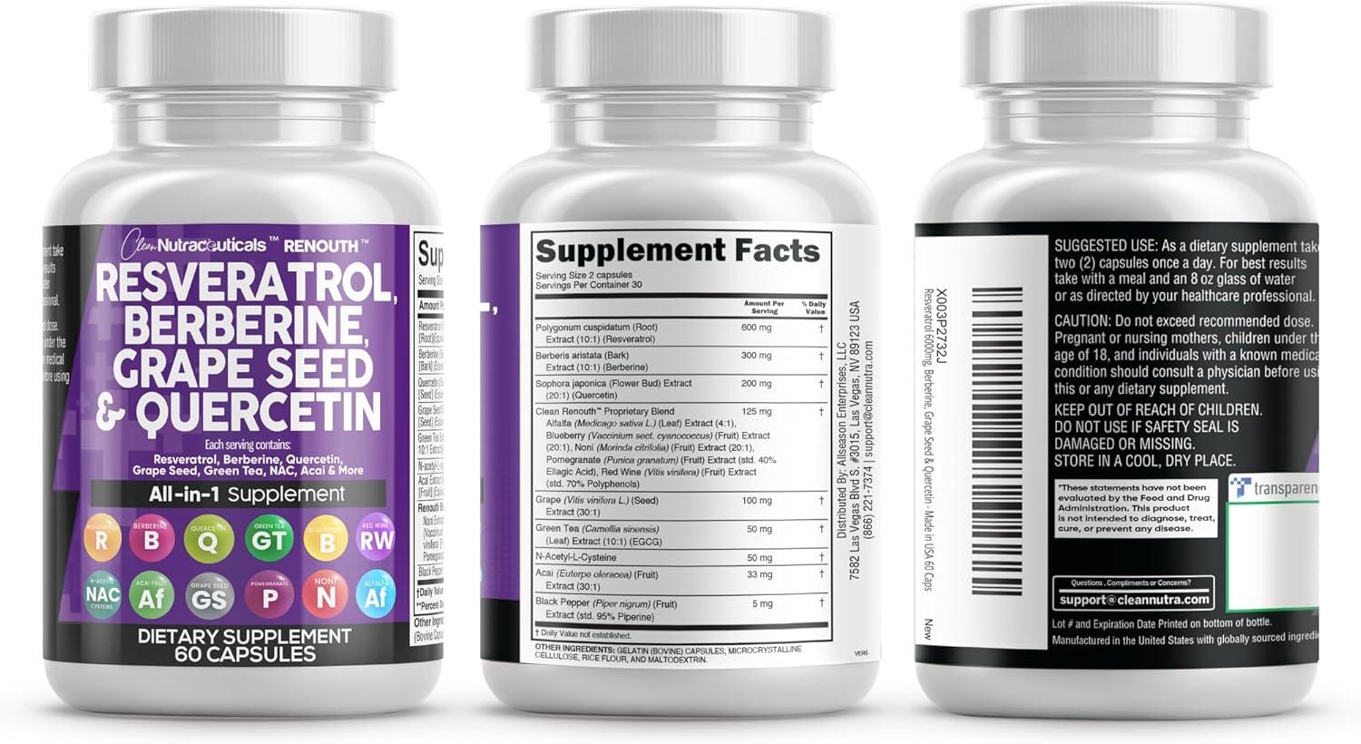 image:imageClean Nutraceuticals Resveratrol Berberine Grape Seed Extract Quercetin Green Tea Extract Polyphenol Supplement for Women amp Men NAcetyl Cysteine Acai 2Pack