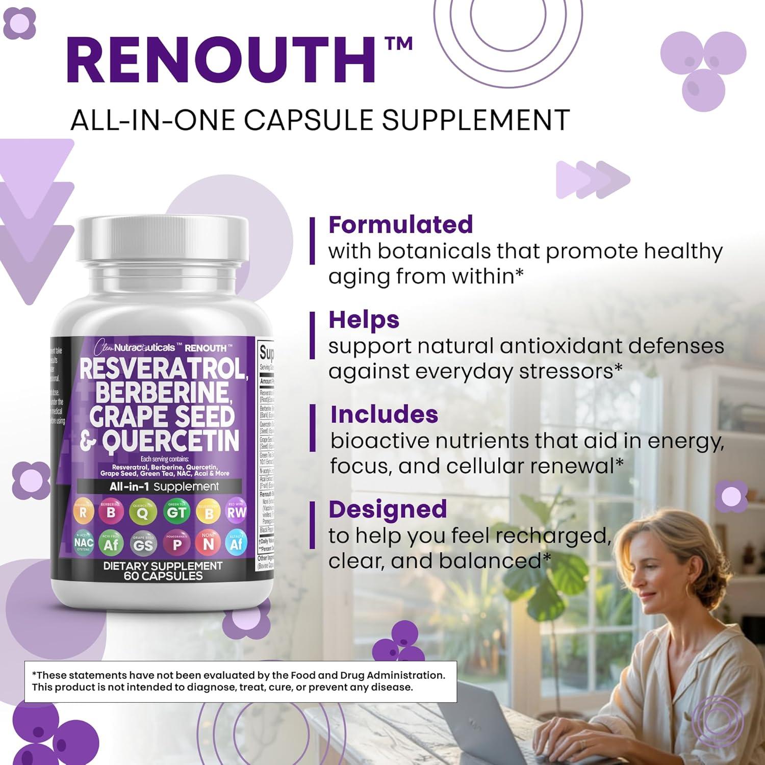 image:imageClean Nutraceuticals Resveratrol Berberine Grape Seed Extract Quercetin Green Tea Extract Polyphenol Supplement for Women amp Men NAcetyl Cysteine Acai 2Pack
