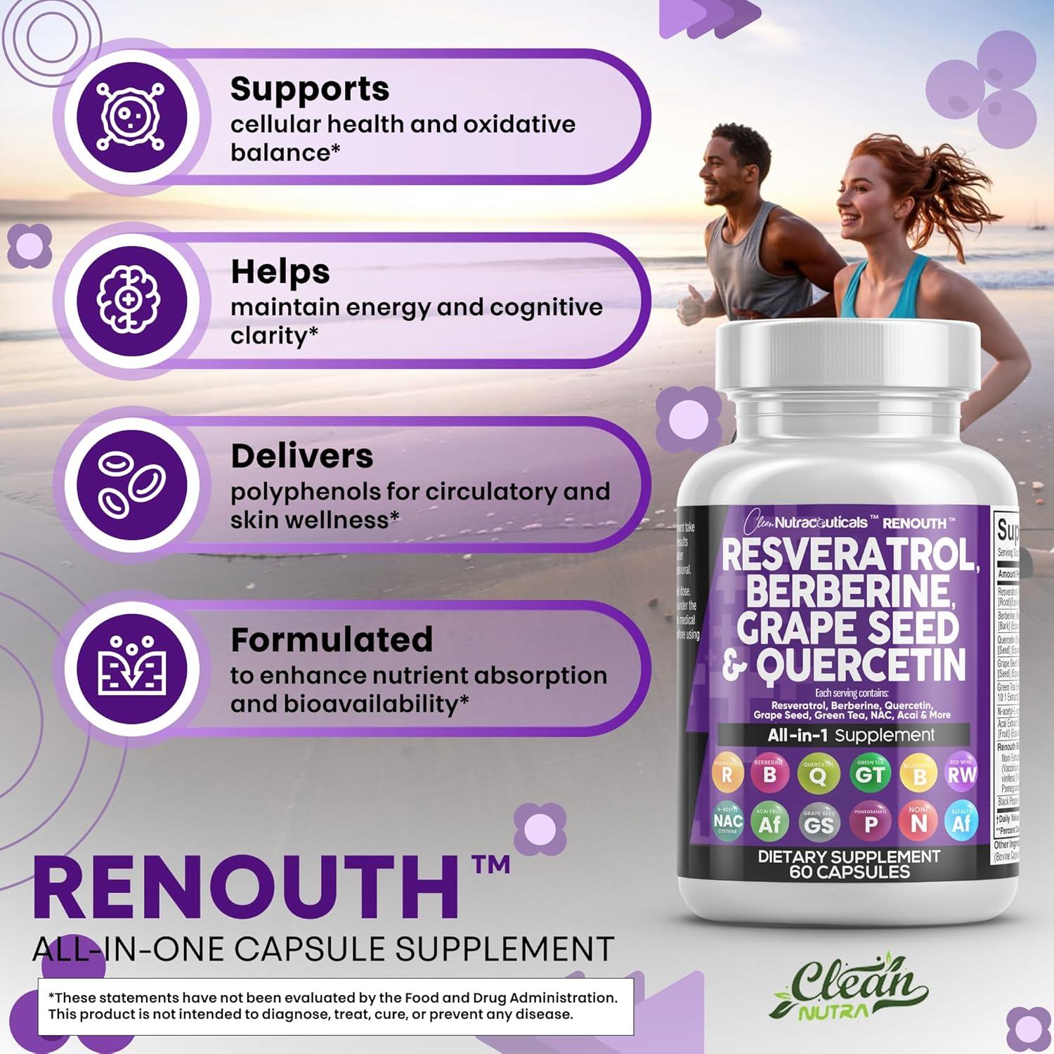 image:imageClean Nutraceuticals Resveratrol Berberine Grape Seed Extract Quercetin Green Tea Extract Polyphenol Supplement for Women amp Men NAcetyl Cysteine Acai 2Pack