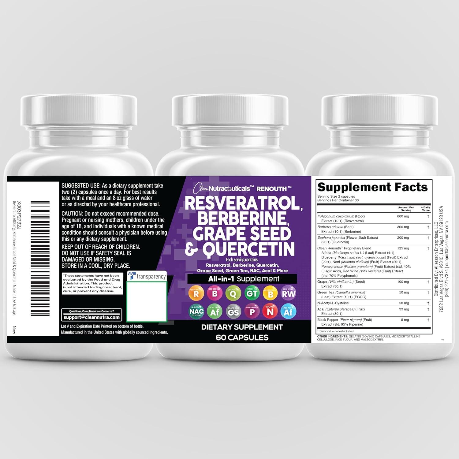 image:imageClean Nutraceuticals Resveratrol Berberine Grape Seed Extract Quercetin Green Tea Extract Polyphenol Supplement for Women amp Men NAcetyl Cysteine Acai 2Pack