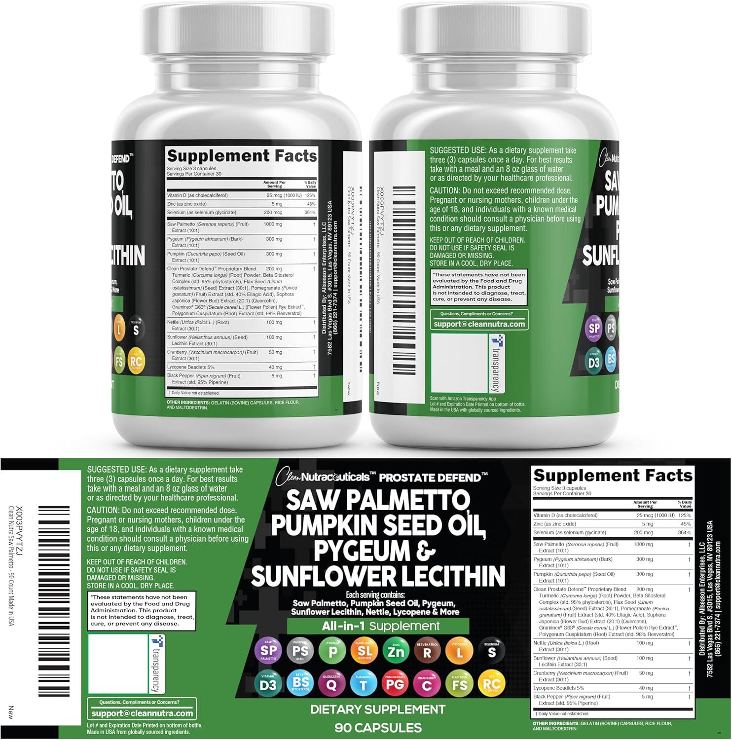 image:imageClean Nutraceuticals Saw Palmetto Pumpkin Seed Oil Pygeum Sunflower Lecithin Stinging Nettle Cranberry Prostate Supplements for Men with Lycopene 90 Caps90 Count Pack of 1