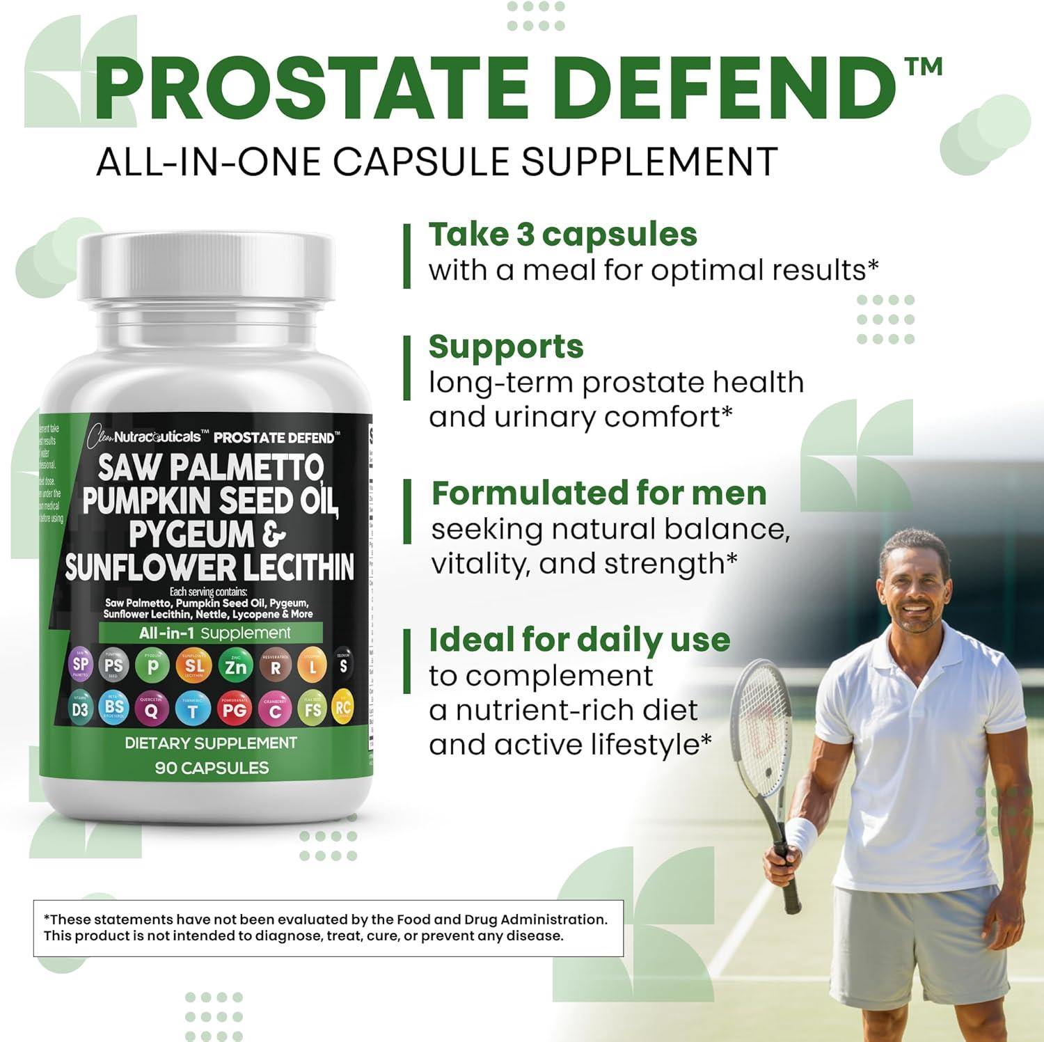 image:imageClean Nutraceuticals Saw Palmetto Pumpkin Seed Oil Pygeum Sunflower Lecithin Stinging Nettle Cranberry Prostate Supplements for Men with Lycopene 90 Caps90 Count Pack of 2