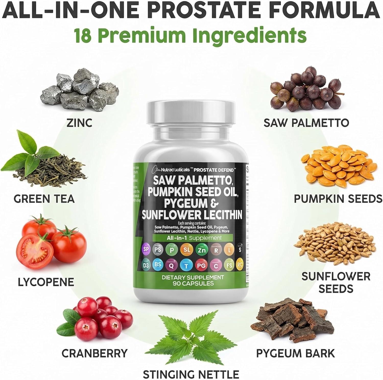 image:imageClean Nutraceuticals Saw Palmetto Pumpkin Seed Oil Pygeum Sunflower Lecithin Stinging Nettle Cranberry Prostate Supplements for Men with Lycopene 90 Caps90 Count Pack of 1