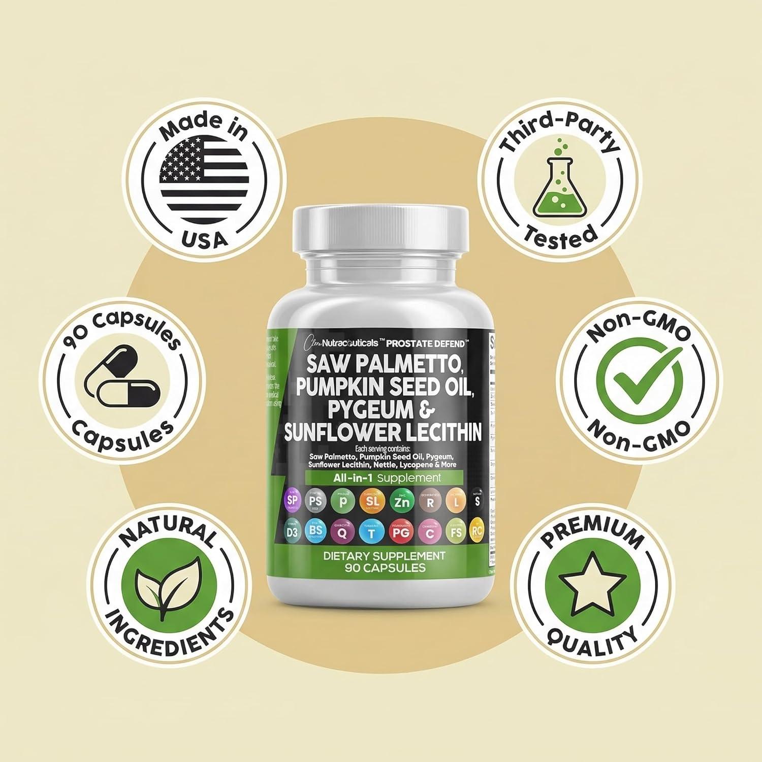 image:imageClean Nutraceuticals Saw Palmetto Pumpkin Seed Oil Pygeum Sunflower Lecithin Stinging Nettle Cranberry Prostate Supplements for Men with Lycopene 90 Caps90 Count Pack of 1
