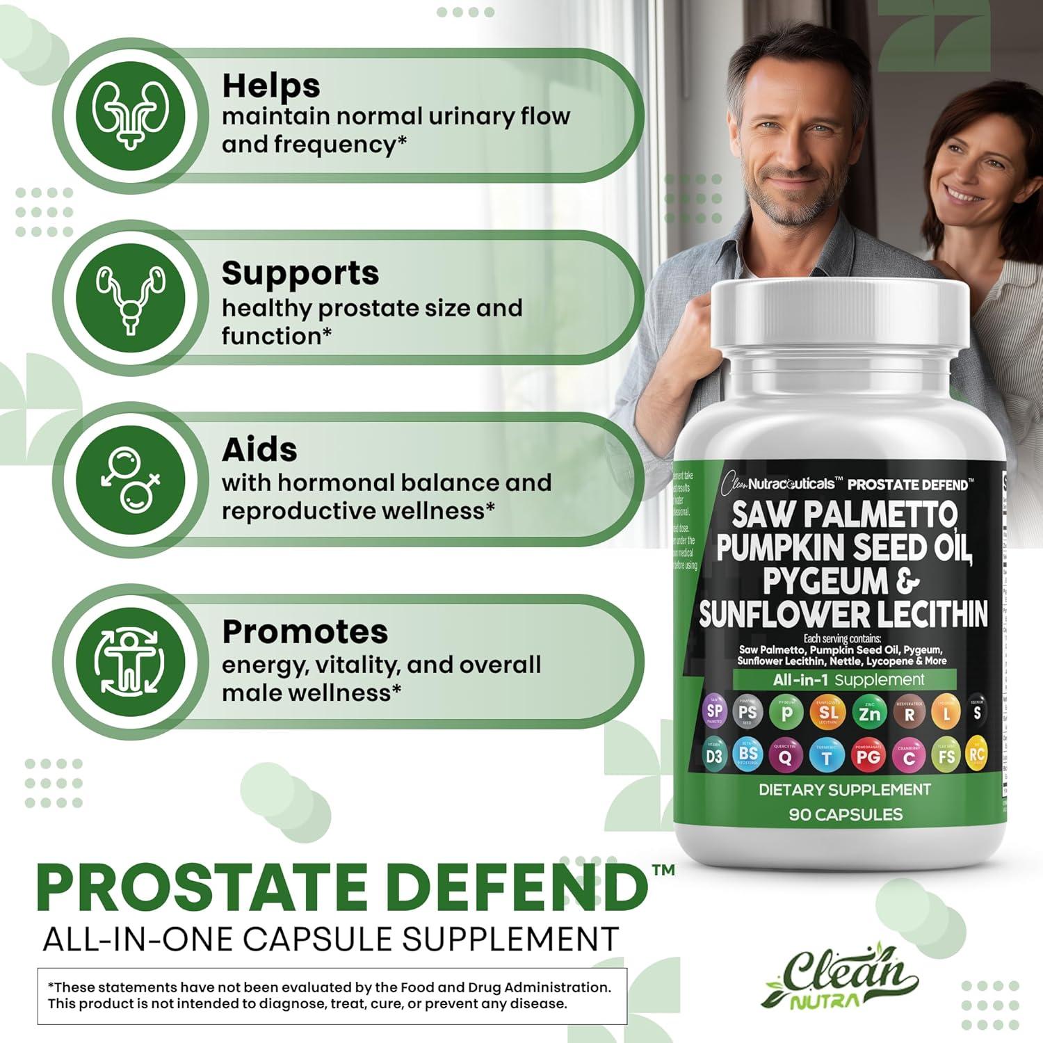image:imageClean Nutraceuticals Saw Palmetto Pumpkin Seed Oil Pygeum Sunflower Lecithin Stinging Nettle Cranberry Prostate Supplements for Men with Lycopene 90 Caps90 Count Pack of 2