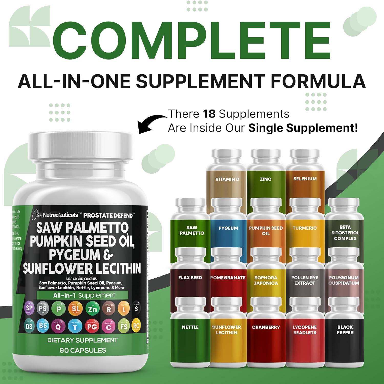 image:imageClean Nutraceuticals Saw Palmetto Pumpkin Seed Oil Pygeum Sunflower Lecithin Stinging Nettle Cranberry Prostate Supplements for Men with Lycopene 90 Caps90 Count Pack of 2