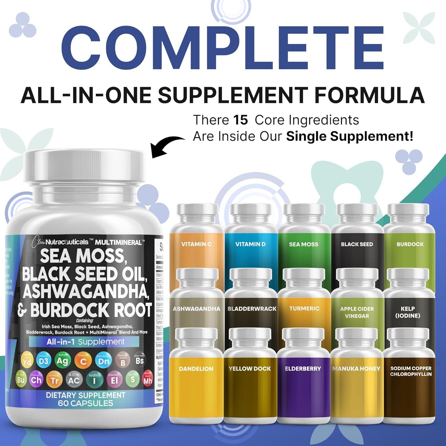 image:imageClean Nutraceuticals Sea Moss Black Seed Oil Ashwagandha Turmeric Bladderwrack Burdock amp Vitamin C Vitamin D3 with Elderberry Manuka Dandelion Yellow Dock Iodine Chlorophyll ACV 2Pack60 Count Pack of 2