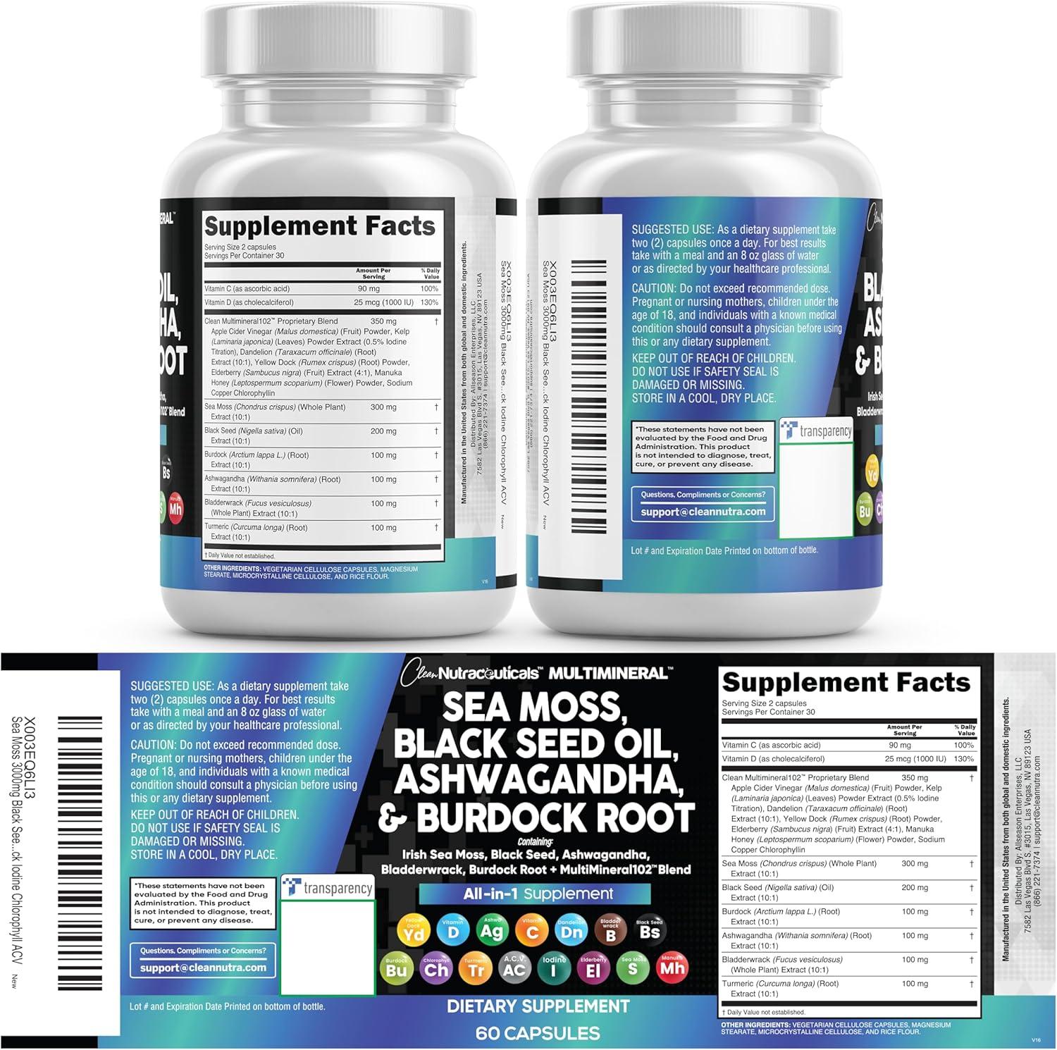 image:imageClean Nutraceuticals Sea Moss Black Seed Oil Ashwagandha Turmeric Bladderwrack Burdock amp Vitamin C Vitamin D3 with Elderberry Manuka Dandelion Yellow Dock Iodine Chlorophyll ACV 2Pack60 Count Pack of 2