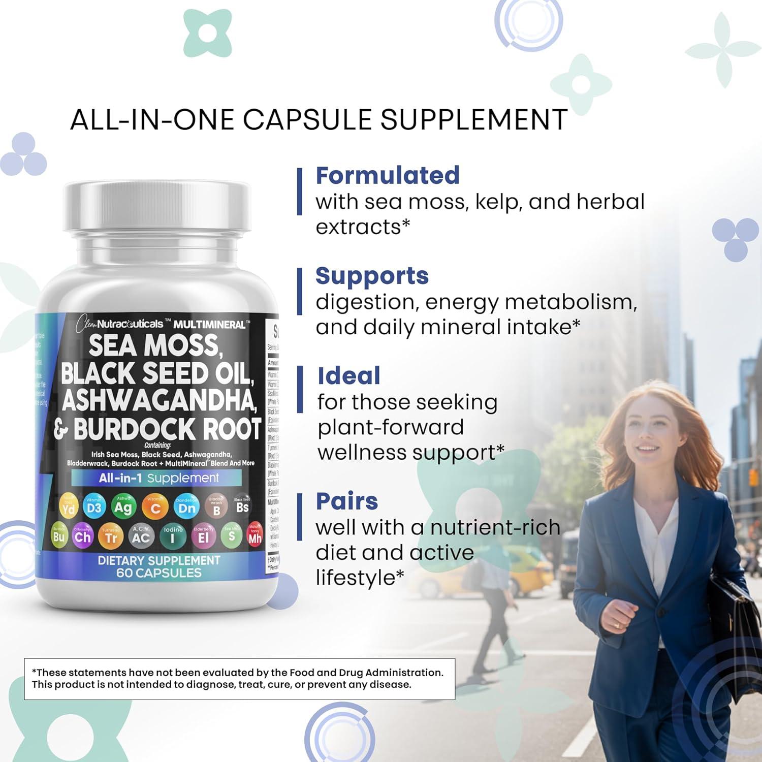 image:imageClean Nutraceuticals Sea Moss Black Seed Oil Ashwagandha Turmeric Bladderwrack Burdock amp Vitamin C Vitamin D3 with Elderberry Manuka Dandelion Yellow Dock Iodine Chlorophyll ACV 2Pack60 Count Pack of 2