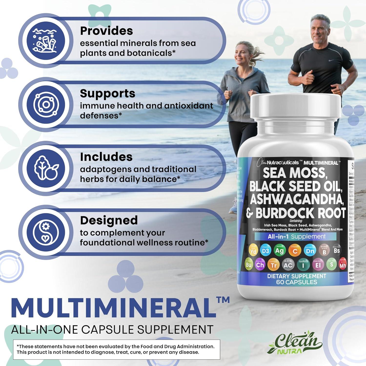 image:imageClean Nutraceuticals Sea Moss Black Seed Oil Ashwagandha Turmeric Bladderwrack Burdock amp Vitamin C Vitamin D3 with Elderberry Manuka Dandelion Yellow Dock Iodine Chlorophyll ACV 2Pack60 Count Pack of 2