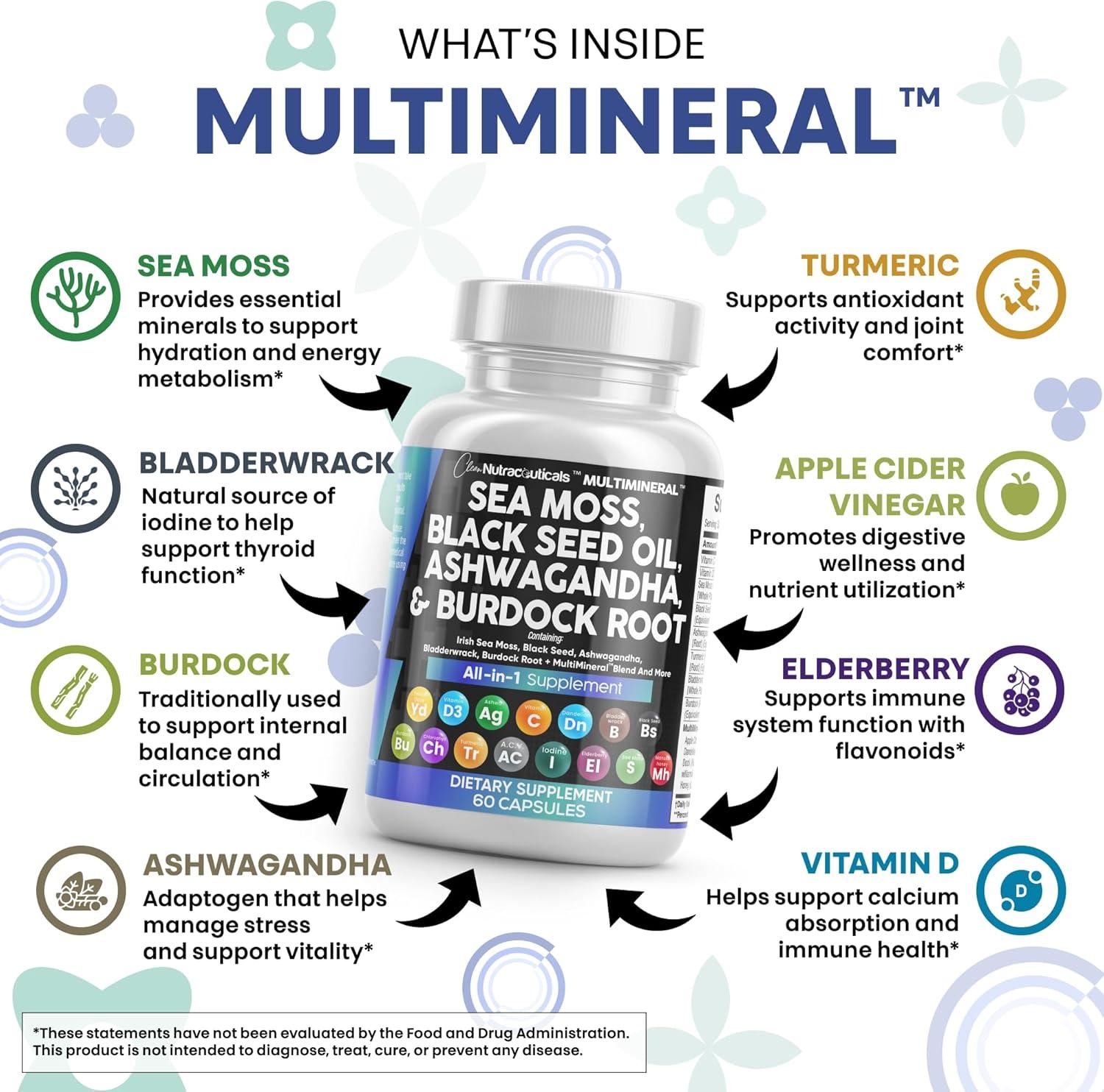 image:imageClean Nutraceuticals Sea Moss Black Seed Oil Ashwagandha Turmeric Bladderwrack Burdock amp Vitamin C Vitamin D3 with Elderberry Manuka Dandelion Yellow Dock Iodine Chlorophyll ACV 2Pack60 Count Pack of 4