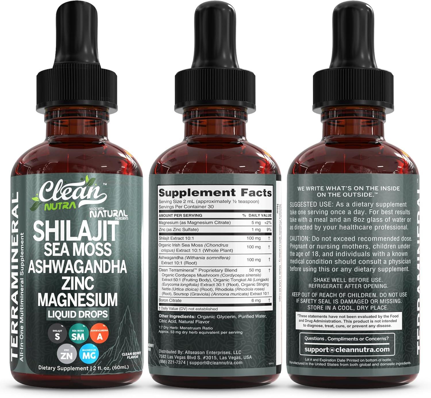 image:imageClean Nutraceuticals Shilajit Drops Liquid Shilajit Supplement for Men Women with Sea Moss Ashwagandha Zinc Magnesium Boron Fulvic Acid Himalayan Shilajit Energy Vitality Stamina 2oz2