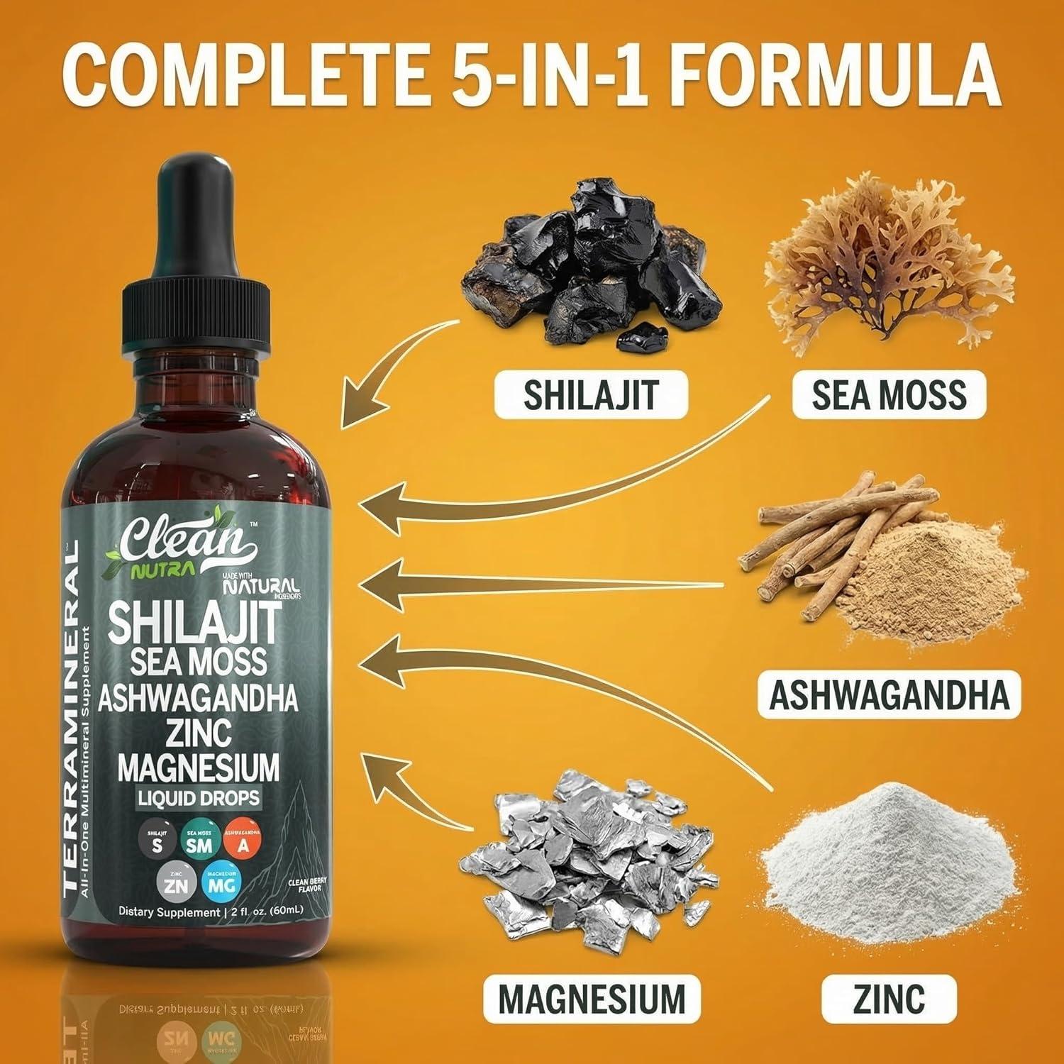 image:imageClean Nutraceuticals Shilajit Drops Liquid Shilajit Supplement for Men Women with Sea Moss Ashwagandha Zinc Magnesium Boron Fulvic Acid Himalayan Shilajit Energy Vitality Stamina 2oz2