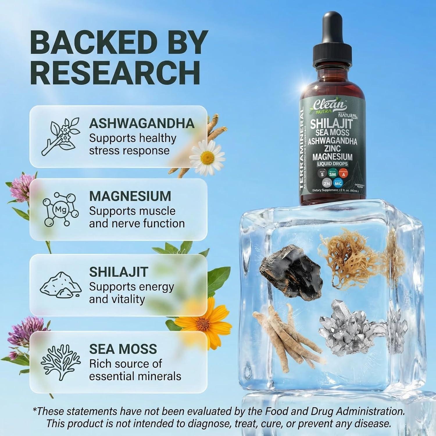 image:imageClean Nutraceuticals Shilajit Drops Liquid Shilajit Supplement for Men Women with Sea Moss Ashwagandha Zinc Magnesium Boron Fulvic Acid Himalayan Shilajit Energy Vitality Stamina 2oz2