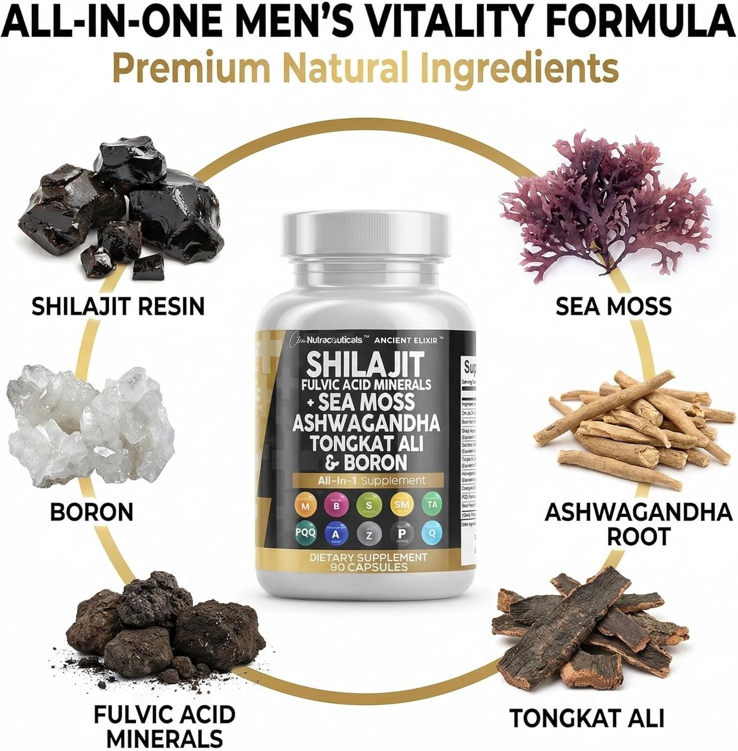 image:imageClean Nutraceuticals Shilajit Supplement for Men with Sea Moss Tongkat Ali Ashwagandha Boron Zinc CoQ10 PQQ Fulvic Acid Capsules Energy Support 90 Count Resin Gummy amp Powder Alternative1