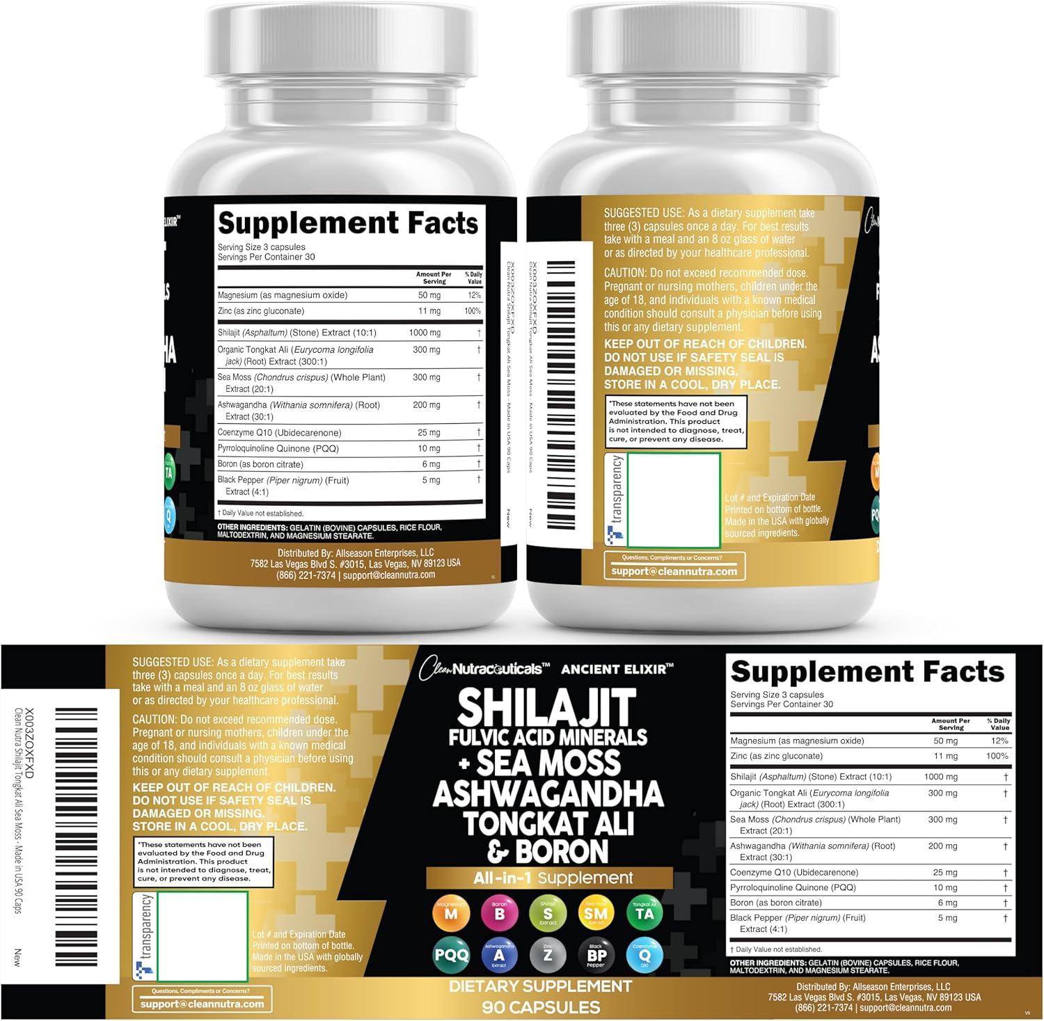 image:imageClean Nutraceuticals Shilajit Supplement for Men with Sea Moss Tongkat Ali Ashwagandha Boron Zinc CoQ10 PQQ Fulvic Acid Capsules Energy Support 90 Count Resin Gummy amp Powder Alternative1