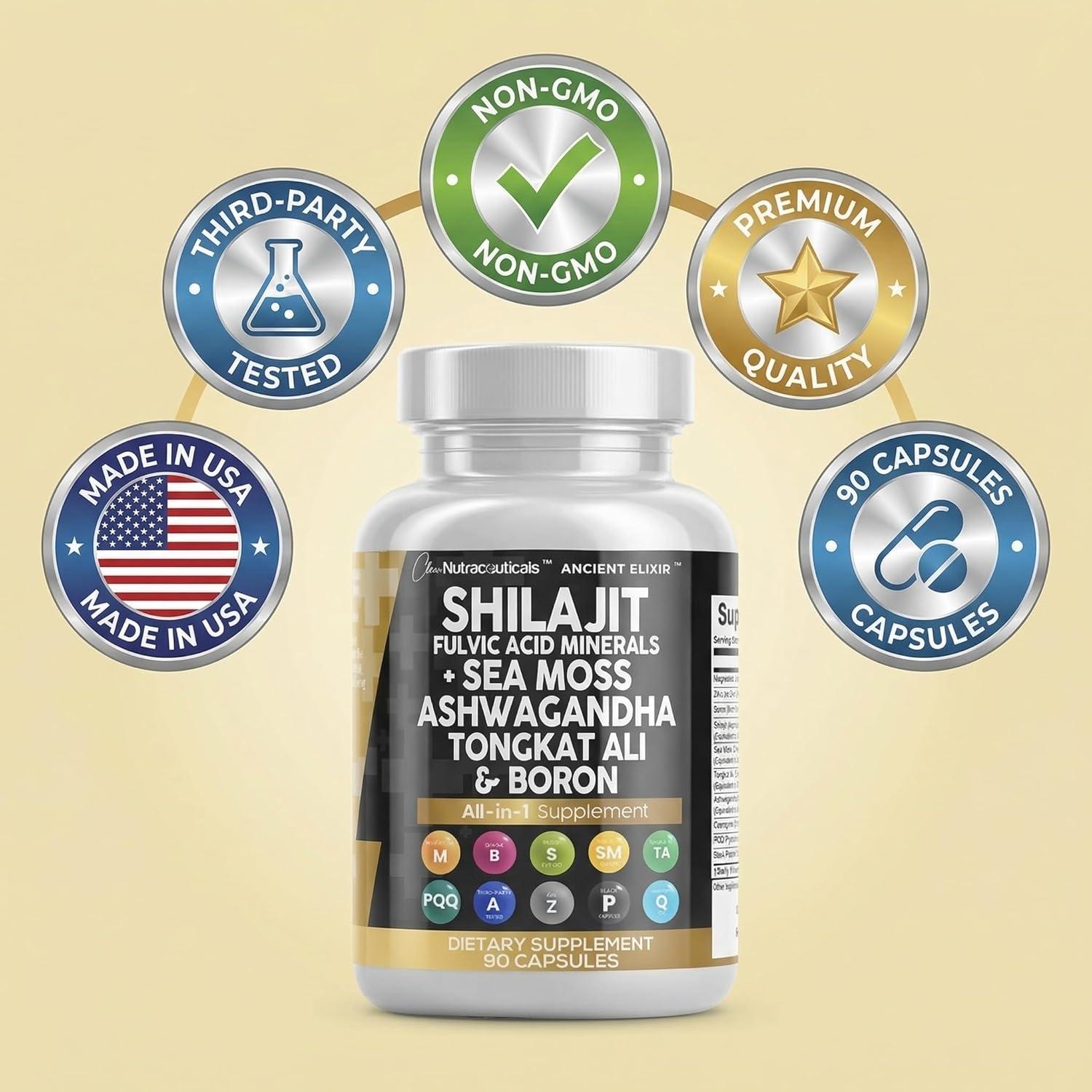 image:imageClean Nutraceuticals Shilajit Supplement for Men with Sea Moss Tongkat Ali Ashwagandha Boron Zinc CoQ10 PQQ Fulvic Acid Capsules Energy Support 90 Count Resin Gummy amp Powder Alternative1