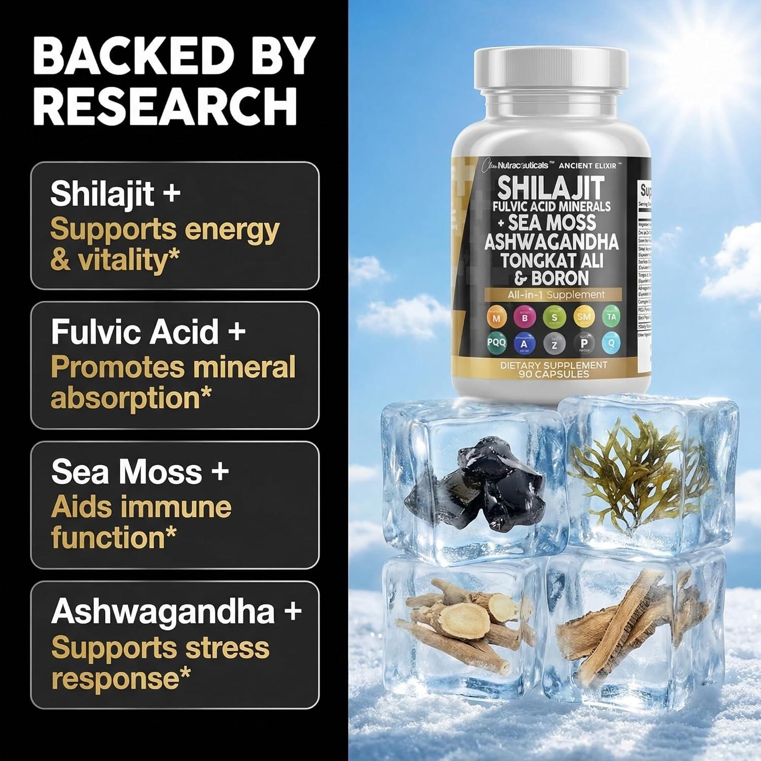 image:imageClean Nutraceuticals Shilajit Supplement for Men with Sea Moss Tongkat Ali Ashwagandha Boron Zinc CoQ10 PQQ Fulvic Acid Capsules Energy Support 90 Count Resin Gummy amp Powder Alternative1