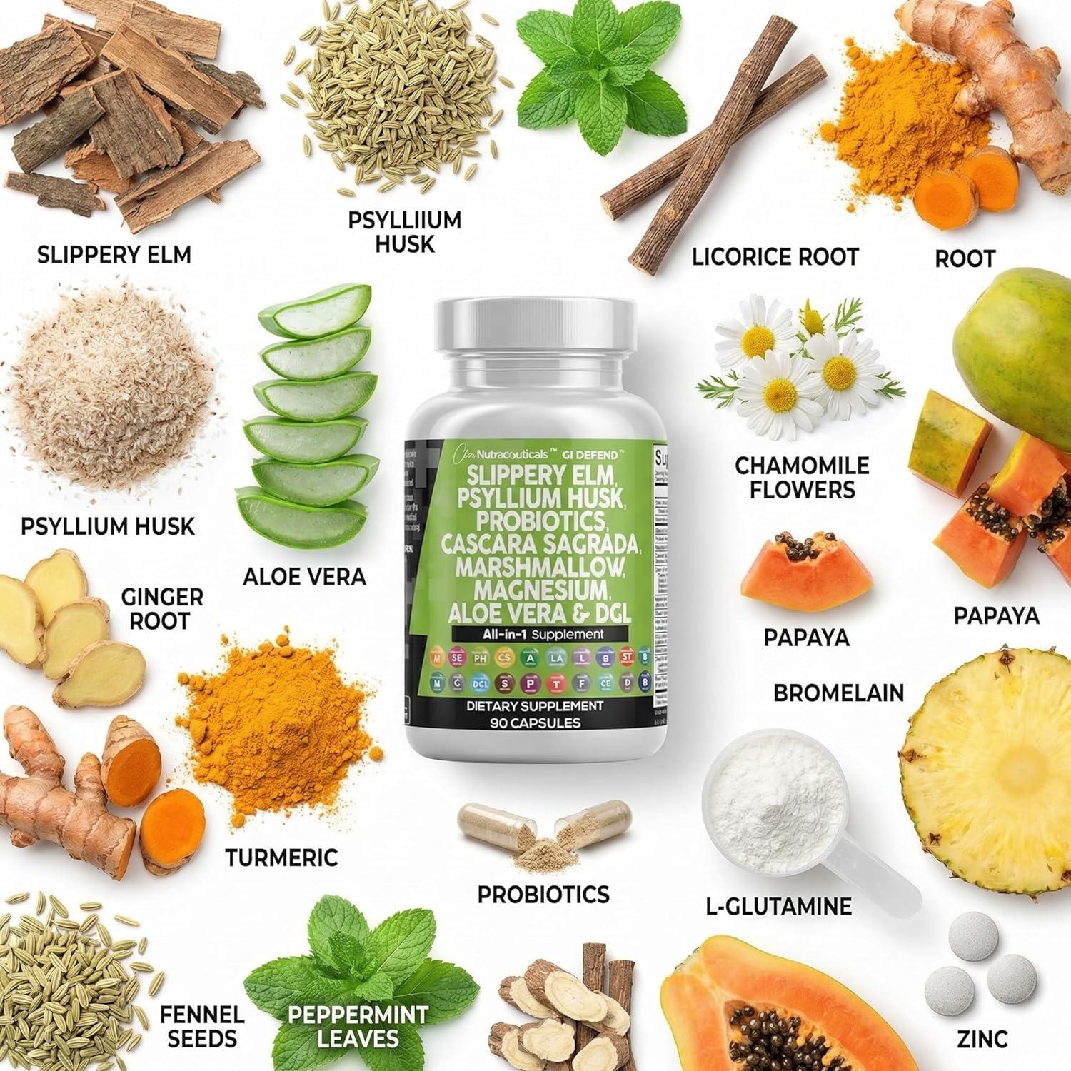 image:imageClean Nutraceuticals Slippery Elm Psyllium Husk Pre Probiotic Digestive Gut Health Supplement with Aloe Vera Cascara Sagrada Marshmallow Root DGL Licorice Senna Extract90 Count Pack of 1