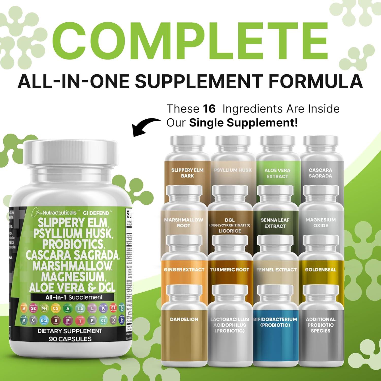 image:imageClean Nutraceuticals Slippery Elm Psyllium Husk Pre Probiotic Digestive Gut Health Supplement with Aloe Vera Cascara Sagrada Marshmallow Root DGL Licorice Senna Extract90 Count Pack of 2