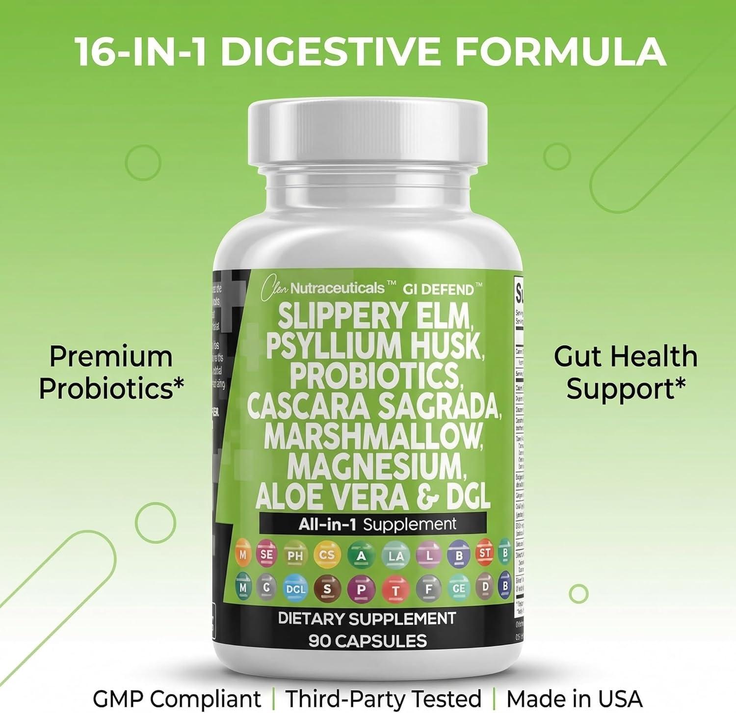 image:imageClean Nutraceuticals Slippery Elm Psyllium Husk Pre Probiotic Digestive Gut Health Supplement with Aloe Vera Cascara Sagrada Marshmallow Root DGL Licorice Senna Extract90 Count Pack of 1