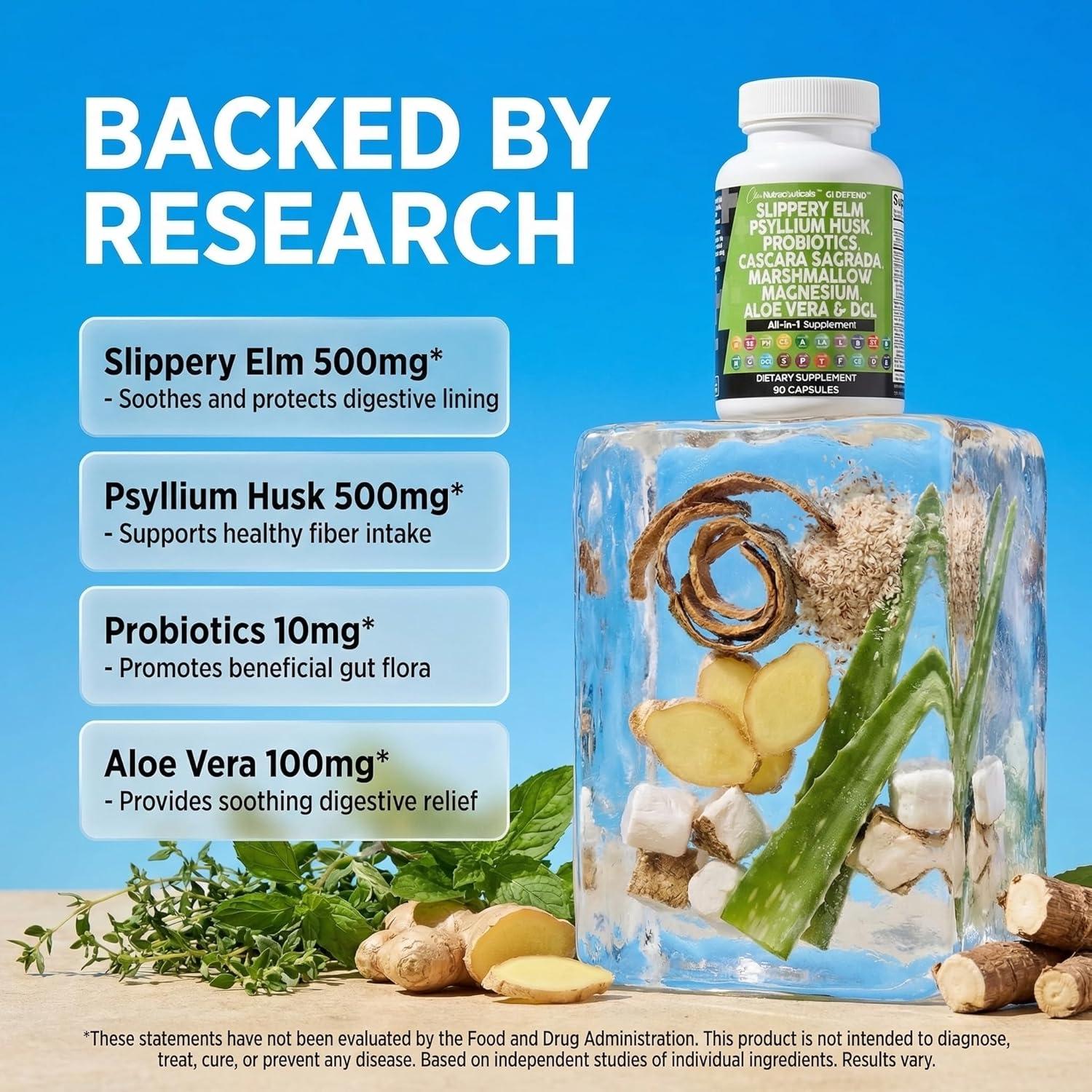 image:imageClean Nutraceuticals Slippery Elm Psyllium Husk Pre Probiotic Digestive Gut Health Supplement with Aloe Vera Cascara Sagrada Marshmallow Root DGL Licorice Senna Extract90 Count Pack of 1