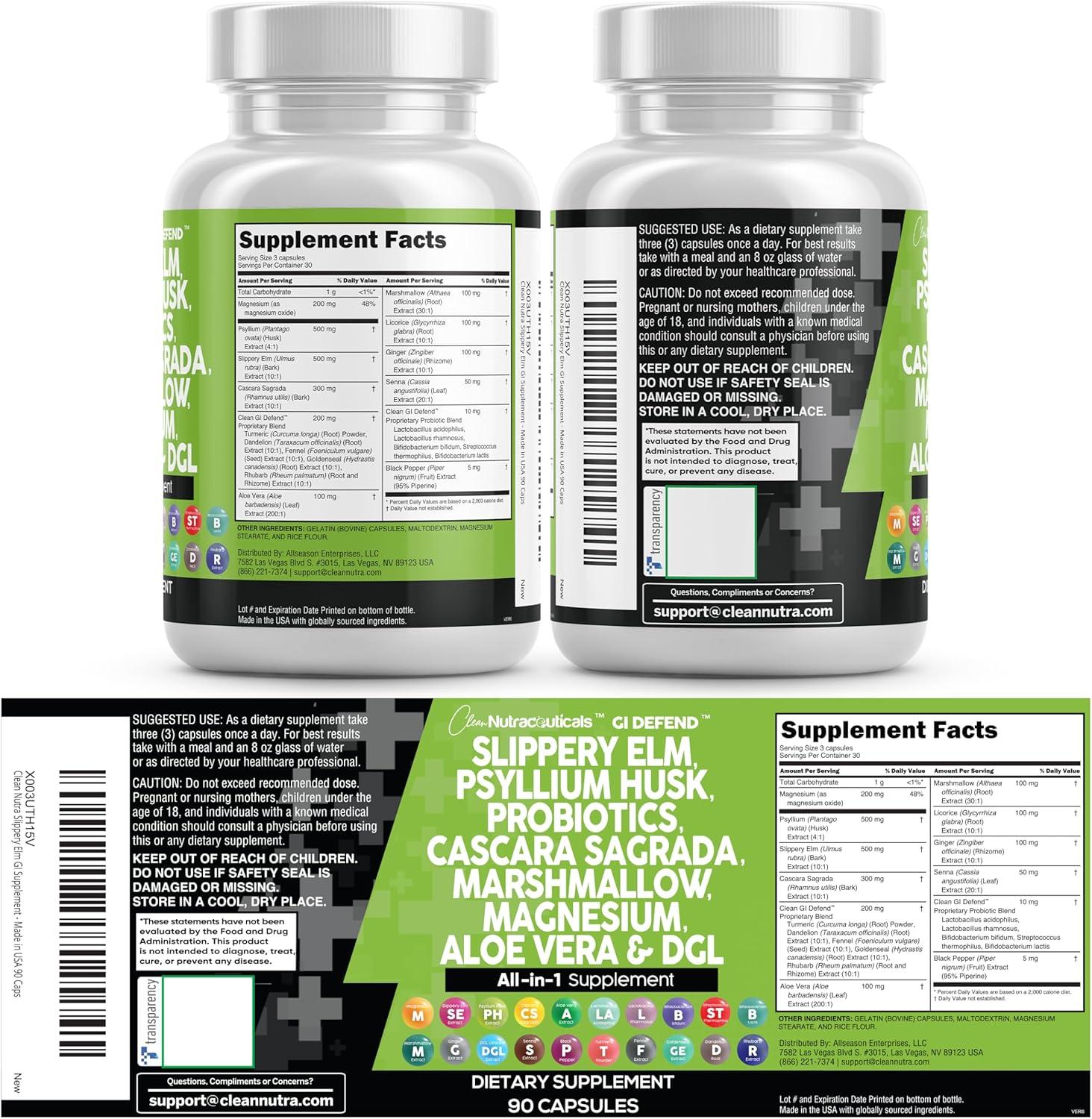 image:imageClean Nutraceuticals Slippery Elm Psyllium Husk Pre Probiotic Digestive Gut Health Supplement with Aloe Vera Cascara Sagrada Marshmallow Root DGL Licorice Senna Extract90 Count Pack of 1