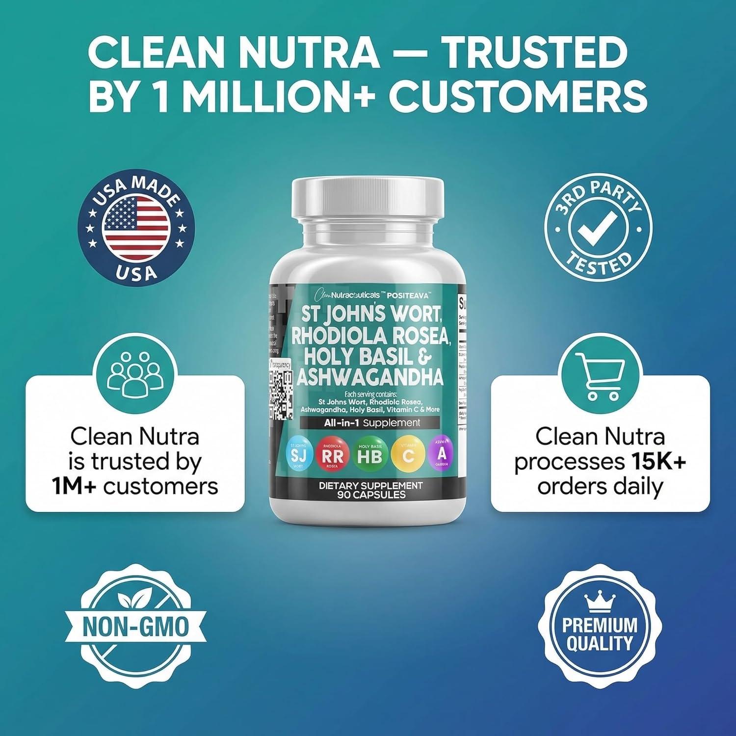 image:imageClean Nutraceuticals St Johns Wort Rhodiola Rosea Holy Basil Ashwagandha Mood Support for Women and Men with Vitamin C amp Black Pepper Extract 90 Caps