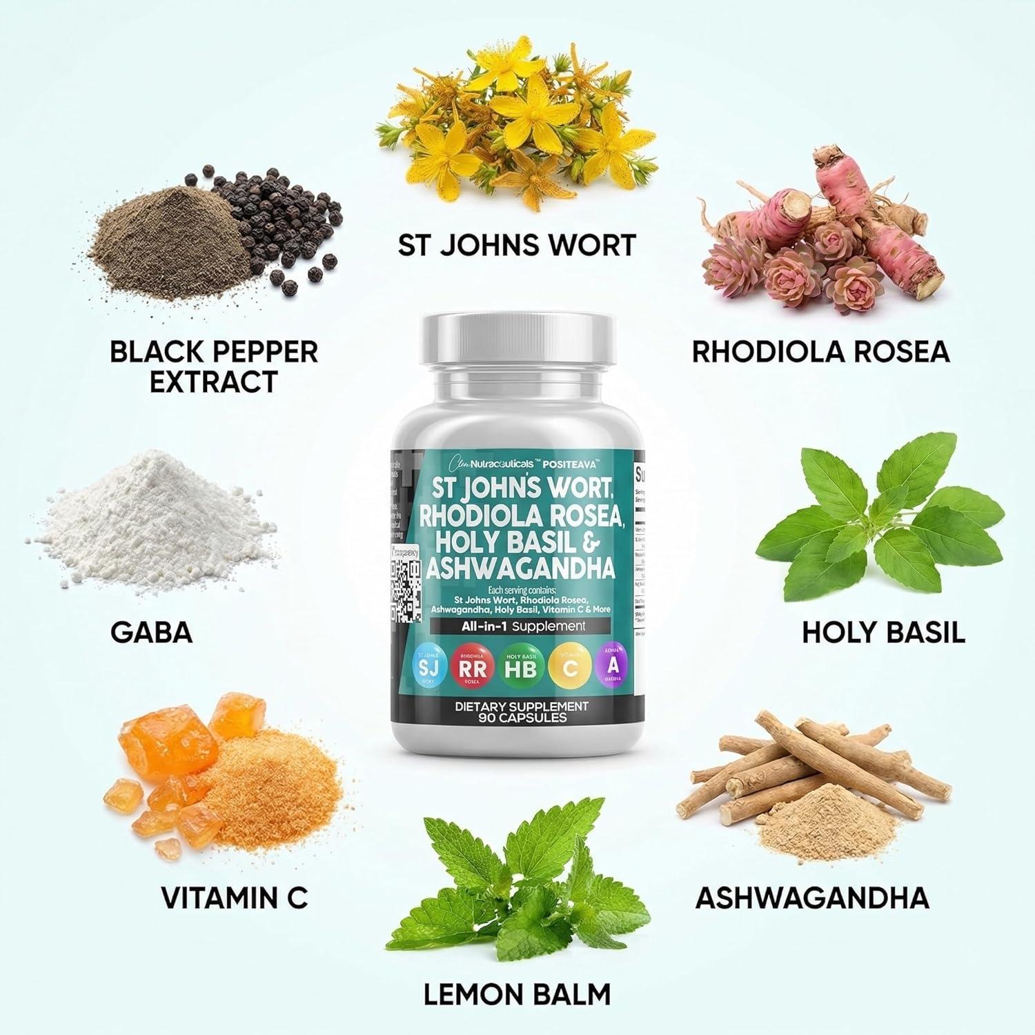 image:imageClean Nutraceuticals St Johns Wort Rhodiola Rosea Holy Basil Ashwagandha Mood Support for Women and Men with Vitamin C amp Black Pepper Extract 90 Caps