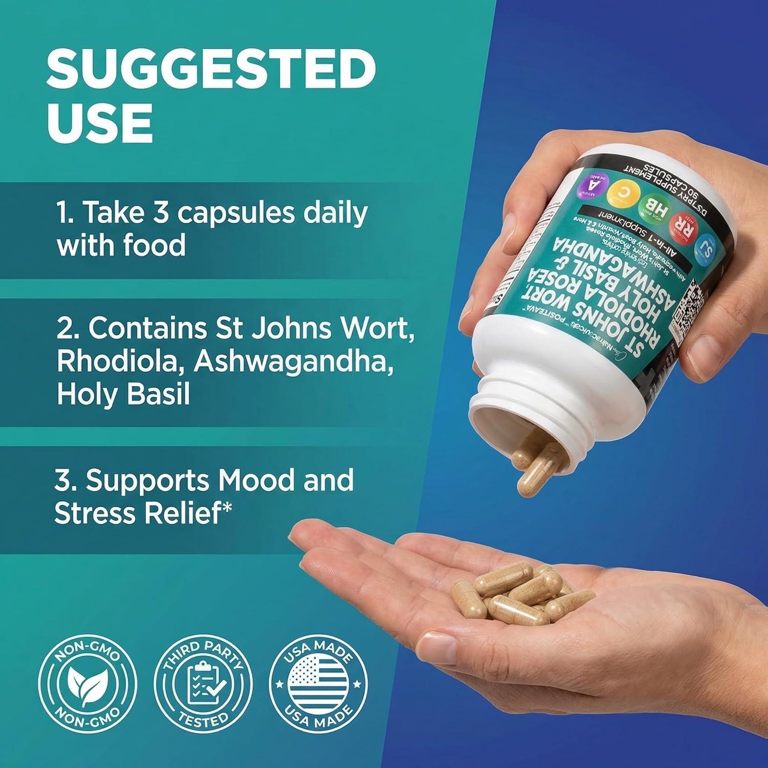 image:imageClean Nutraceuticals St Johns Wort Rhodiola Rosea Holy Basil Ashwagandha Mood Support for Women and Men with Vitamin C amp Black Pepper Extract 90 Caps