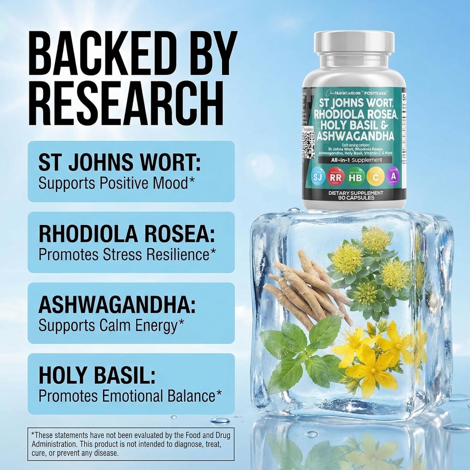 image:imageClean Nutraceuticals St Johns Wort Rhodiola Rosea Holy Basil Ashwagandha Mood Support for Women and Men with Vitamin C amp Black Pepper Extract 90 Caps