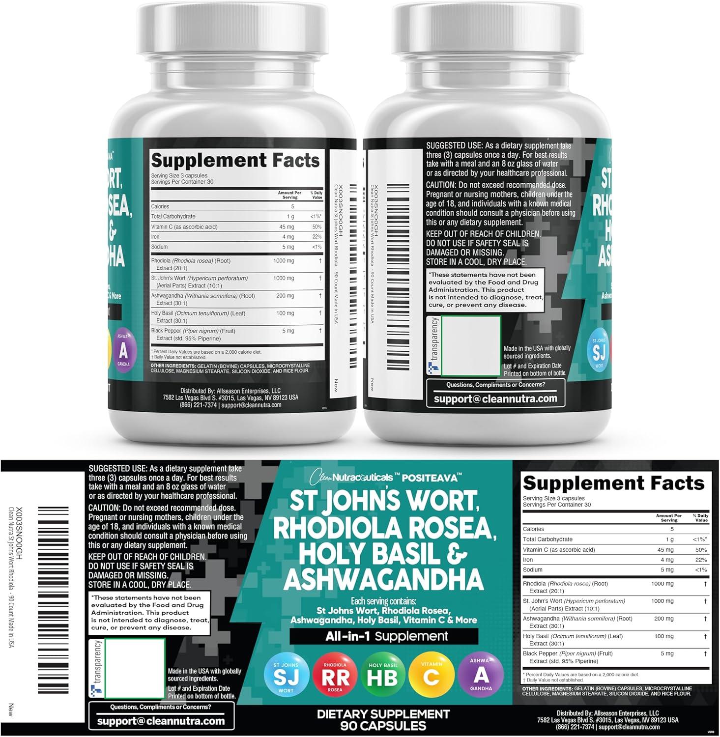 image:imageClean Nutraceuticals St Johns Wort Rhodiola Rosea Holy Basil Ashwagandha Mood Support for Women and Men with Vitamin C amp Black Pepper Extract 90 Caps