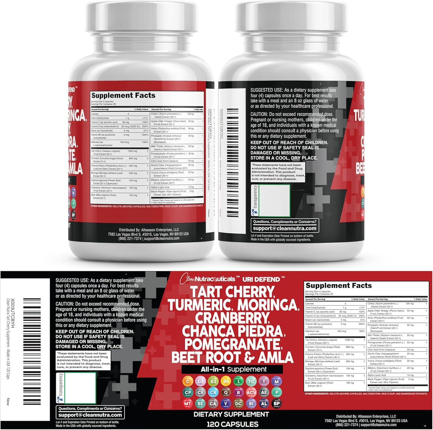 image:imageClean Nutraceuticals Tart Cherry Extract Capsules with Turmeric Moringa Cranberry Chanca Piedra Celery Quercetin ACV Pomegranate L Selenomethionine Uric Levels 120 Ct1