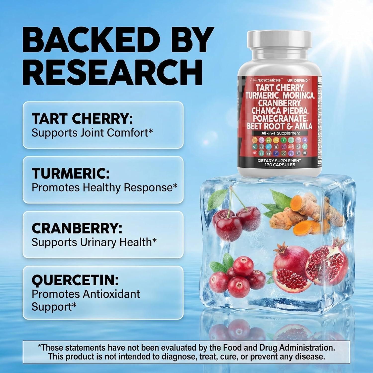 image:imageClean Nutraceuticals Tart Cherry Extract Capsules with Turmeric Moringa Cranberry Chanca Piedra Celery Quercetin ACV Pomegranate L Selenomethionine Uric Levels 120 Ct1