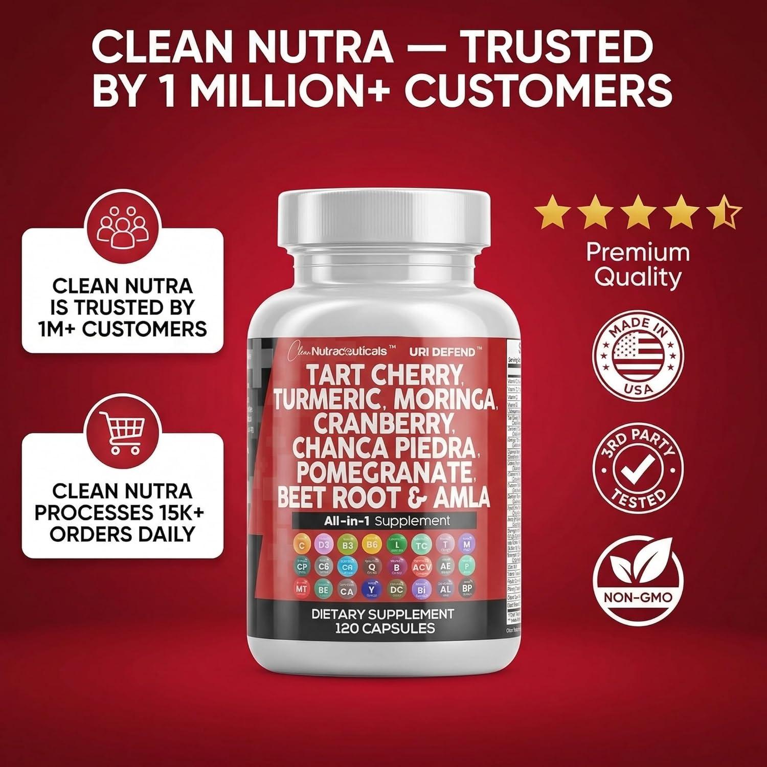 image:imageClean Nutraceuticals Tart Cherry Extract Capsules with Turmeric Moringa Cranberry Chanca Piedra Celery Quercetin ACV Pomegranate L Selenomethionine Uric Levels 120 Ct1