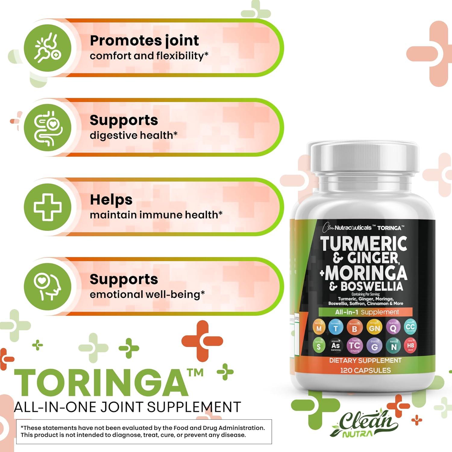 image:imageClean Nutraceuticals Turmeric Moringa Supplement Ginger Boswellia Saffron Supplement for Women and Men with Ceylon Cinnamon Tart Cherry Quercetin Garlic Nettle Holy Basil 1Pack2