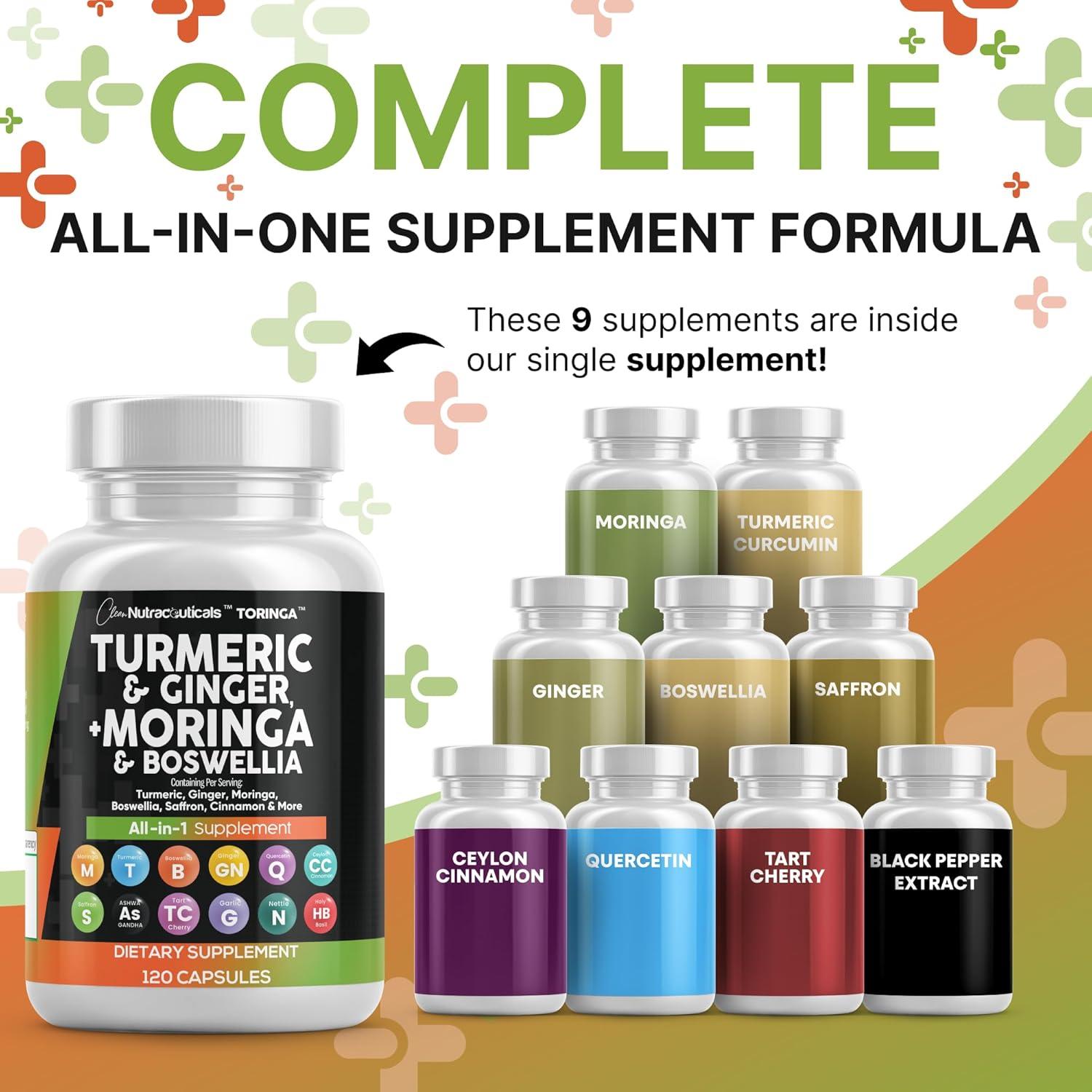 image:imageClean Nutraceuticals Turmeric Moringa Supplement Ginger Boswellia Saffron Supplement for Women and Men with Ceylon Cinnamon Tart Cherry Quercetin Garlic Nettle Holy Basil 1Pack3
