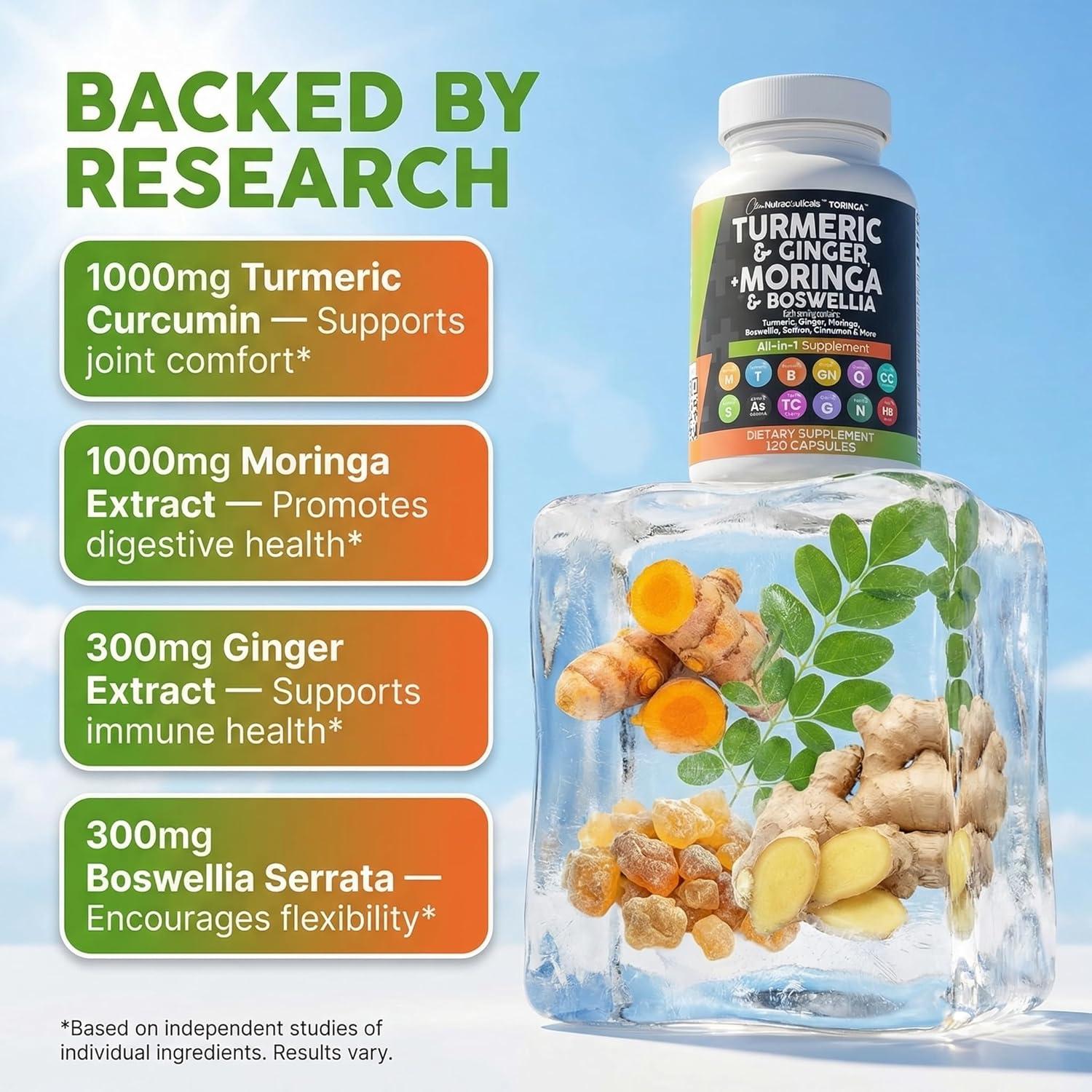 image:imageClean Nutraceuticals Turmeric Moringa Supplement Ginger Boswellia Saffron Supplement for Women and Men with Ceylon Cinnamon Tart Cherry Quercetin Garlic Nettle Holy Basil 1Pack1