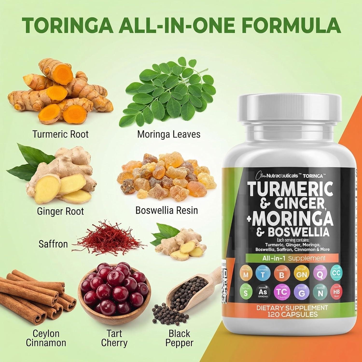 image:imageClean Nutraceuticals Turmeric Moringa Supplement Ginger Boswellia Saffron Supplement for Women and Men with Ceylon Cinnamon Tart Cherry Quercetin Garlic Nettle Holy Basil 1Pack1