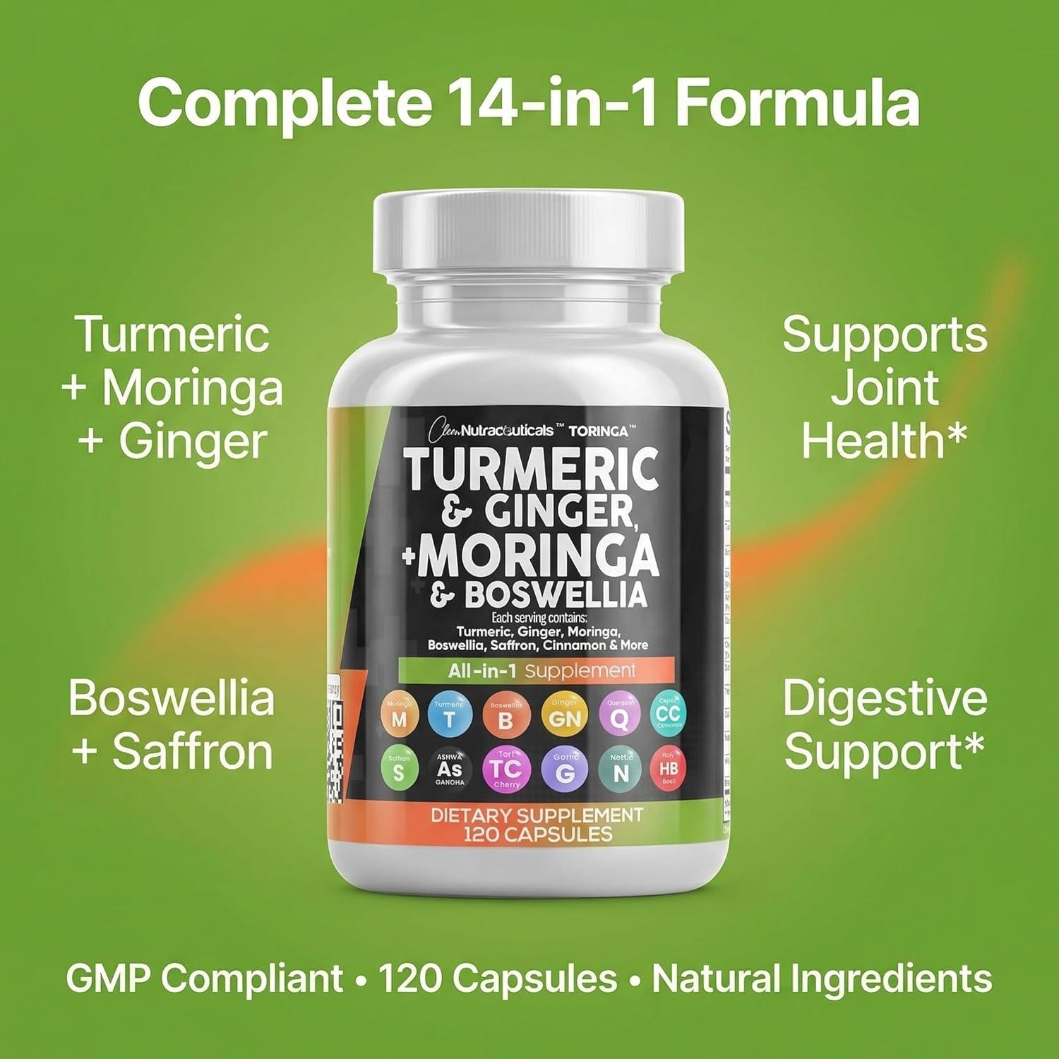 image:imageClean Nutraceuticals Turmeric Moringa Supplement Ginger Boswellia Saffron Supplement for Women and Men with Ceylon Cinnamon Tart Cherry Quercetin Garlic Nettle Holy Basil 1Pack1