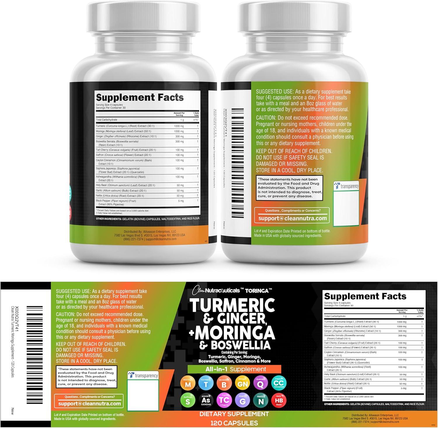 image:imageClean Nutraceuticals Turmeric Moringa Supplement Ginger Boswellia Saffron Supplement for Women and Men with Ceylon Cinnamon Tart Cherry Quercetin Garlic Nettle Holy Basil 1Pack1