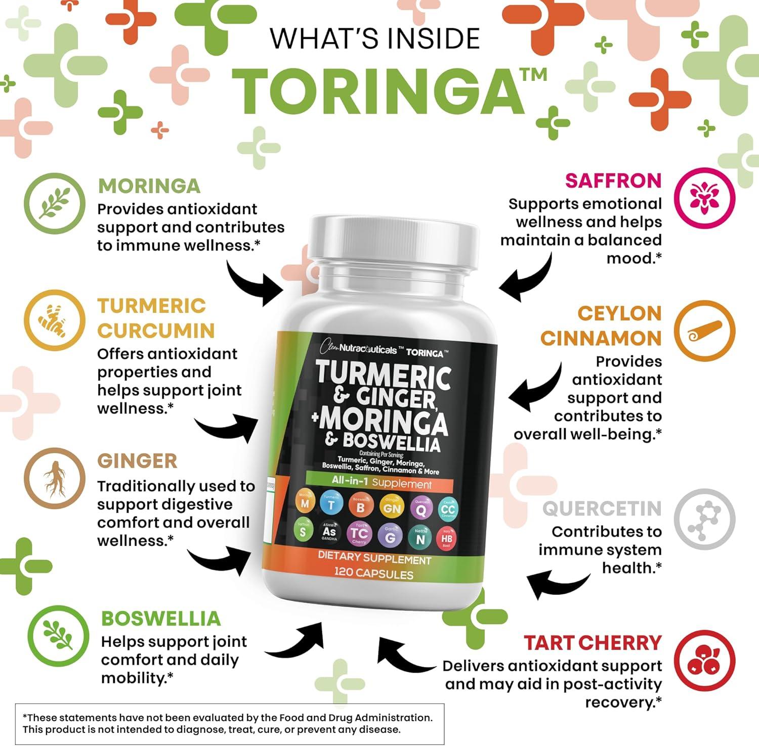 image:imageClean Nutraceuticals Turmeric Moringa Supplement Ginger Boswellia Saffron Supplement for Women and Men with Ceylon Cinnamon Tart Cherry Quercetin Garlic Nettle Holy Basil 1Pack3