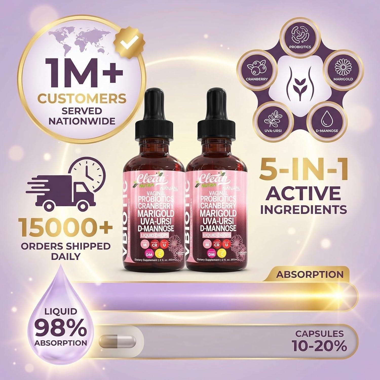 image:imageClean Nutraceuticals VBiotic Vaginal Probiotic for Women Liquid Drops Cranberry Uva Ursi Horsetail DMannose Prebiotics Marigold amp Black Cohosh Vaginal Health Supplement pH Balance2