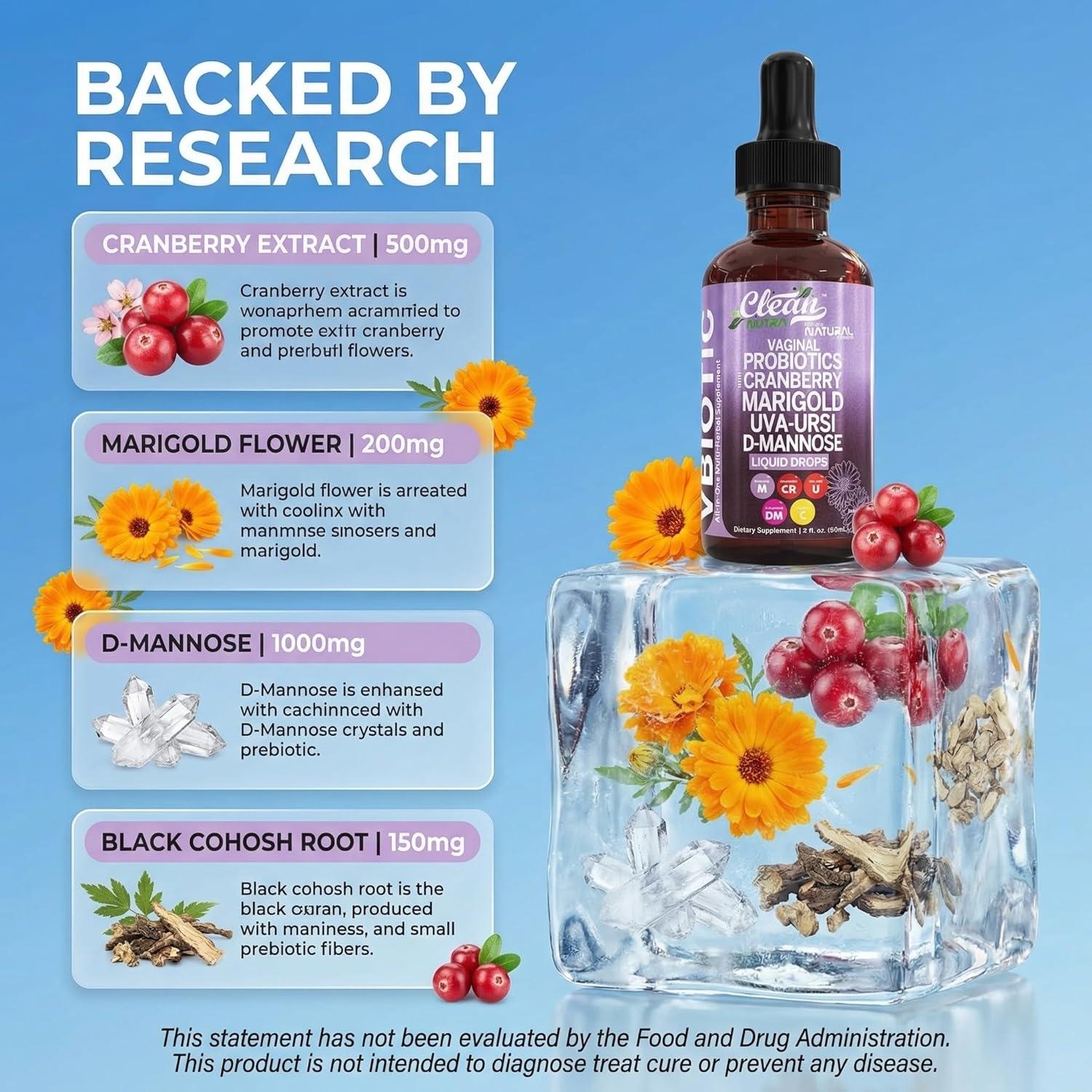 image:imageClean Nutraceuticals VBiotic Vaginal Probiotic for Women Liquid Drops Cranberry Uva Ursi Horsetail DMannose Prebiotics Marigold amp Black Cohosh Vaginal Health Supplement pH Balance2
