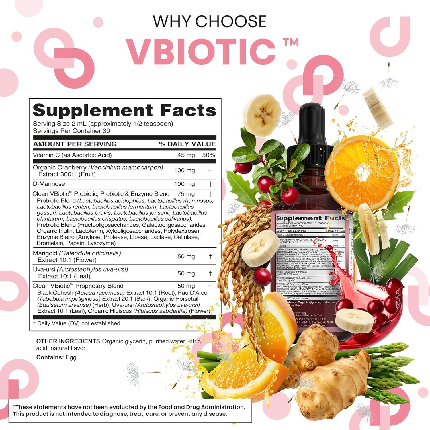 image:imageClean Nutraceuticals VBiotic Vaginal Probiotic for Women Liquid Drops Cranberry Uva Ursi Horsetail DMannose Prebiotics Marigold amp Black Cohosh Vaginal Health Supplement pH Balance1
