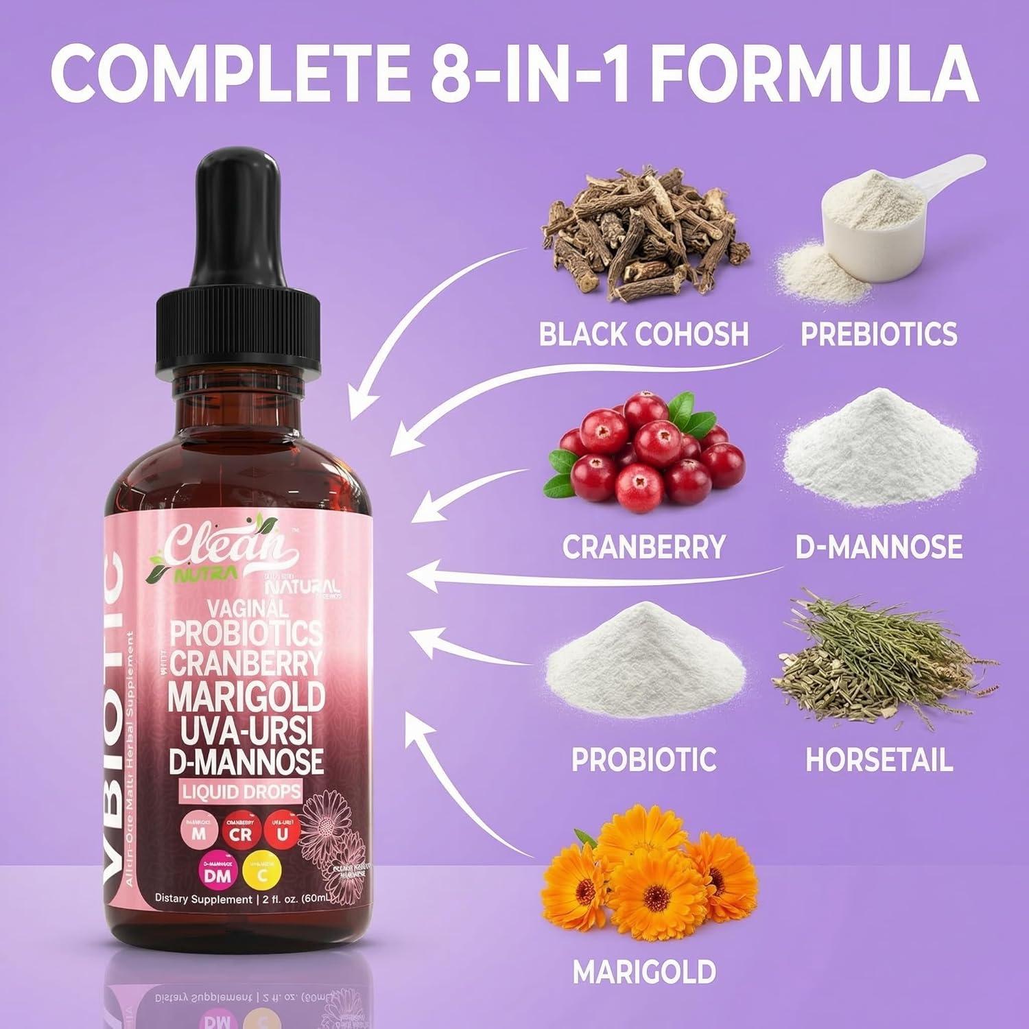 image:imageClean Nutraceuticals VBiotic Vaginal Probiotic for Women Liquid Drops Cranberry Uva Ursi Horsetail DMannose Prebiotics Marigold amp Black Cohosh Vaginal Health Supplement pH Balance2