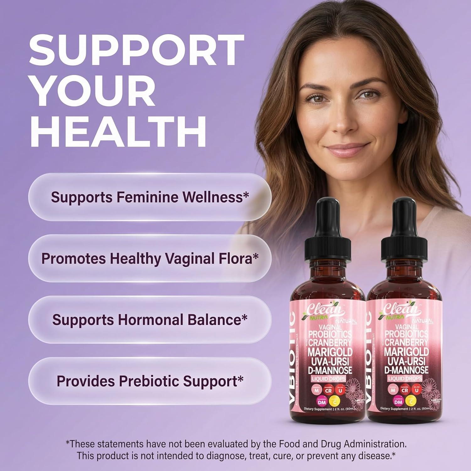 image:imageClean Nutraceuticals VBiotic Vaginal Probiotic for Women Liquid Drops Cranberry Uva Ursi Horsetail DMannose Prebiotics Marigold amp Black Cohosh Vaginal Health Supplement pH Balance2