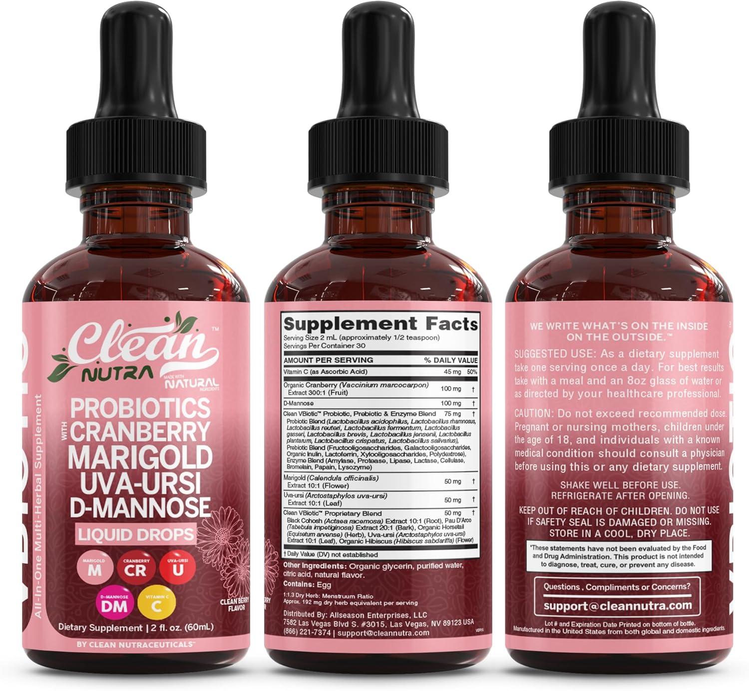 image:imageClean Nutraceuticals VBiotic Vaginal Probiotic for Women Liquid Drops Cranberry Uva Ursi Horsetail DMannose Prebiotics Marigold amp Black Cohosh Vaginal Health Supplement pH Balance1