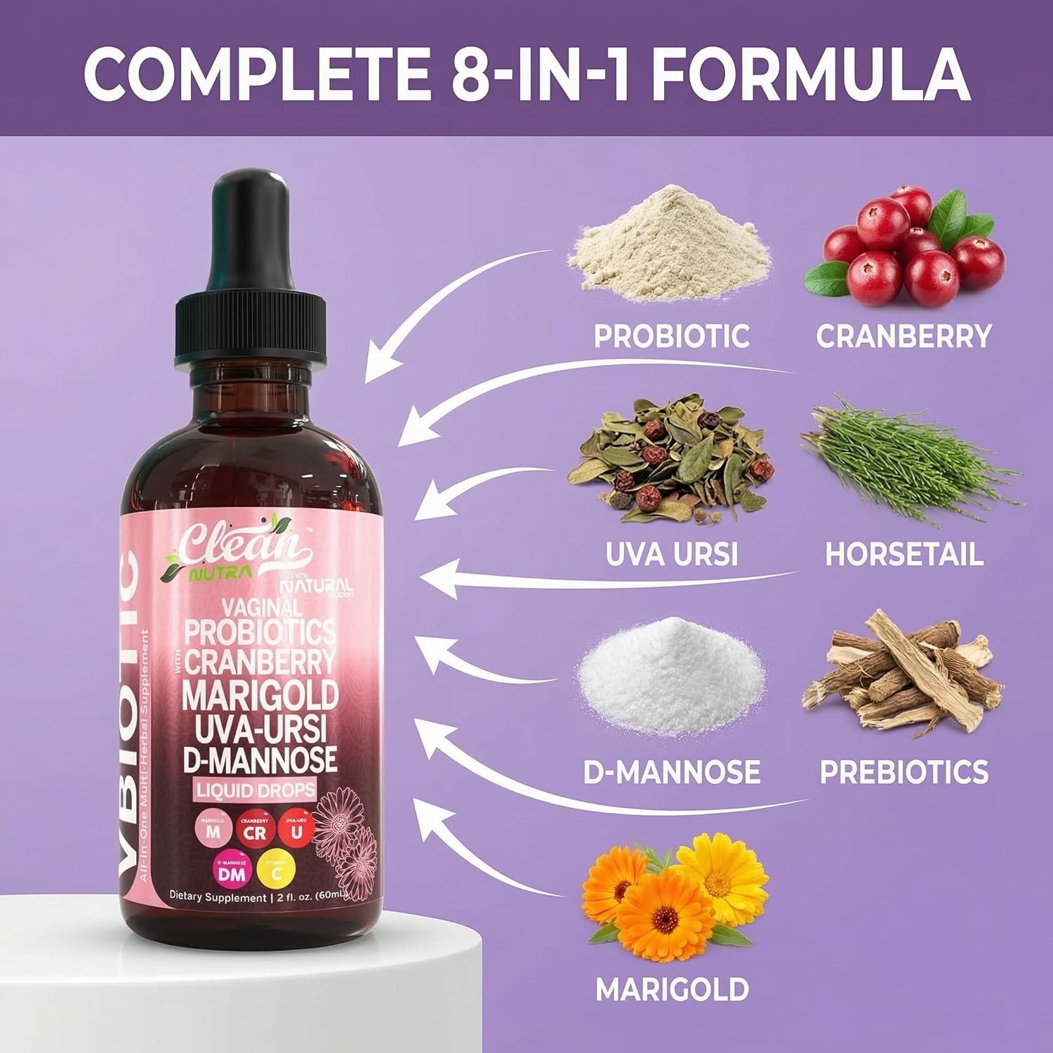 image:imageClean Nutraceuticals VBiotic Vaginal Probiotic for Women Liquid Drops Cranberry Uva Ursi Horsetail DMannose Prebiotics Marigold amp Black Cohosh Vaginal Health Supplement pH Balance1