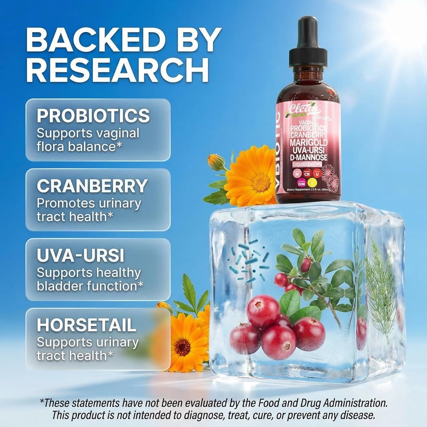 image:imageClean Nutraceuticals VBiotic Vaginal Probiotic for Women Liquid Drops Cranberry Uva Ursi Horsetail DMannose Prebiotics Marigold amp Black Cohosh Vaginal Health Supplement pH Balance1